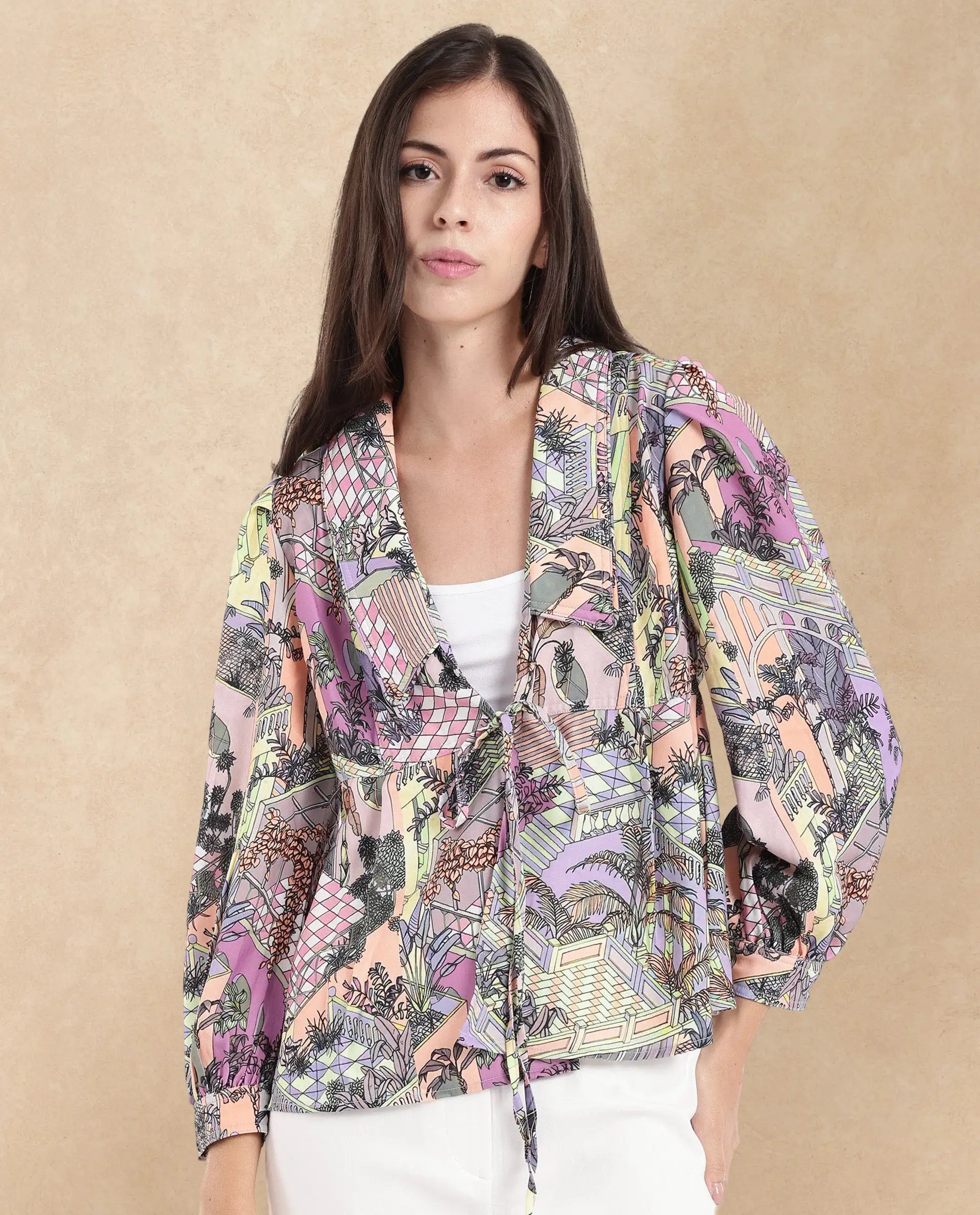 Rareism Women's Stevie-T Light Multi Polyester Lapel Neck Abstract Print Cuffed Sleeve Regular Fit Top