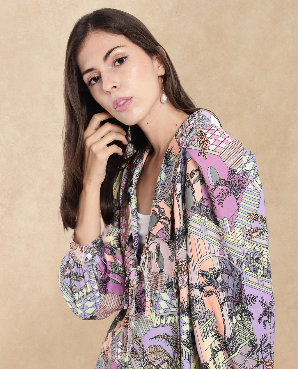 Rareism Women's Stevie-T Light Multi Polyester Lapel Neck Abstract Print Cuffed Sleeve Regular Fit Top