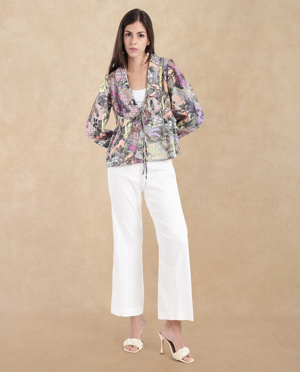 Rareism Women's Stevie-T Light Multi Polyester Lapel Neck Abstract Print Cuffed Sleeve Regular Fit Top