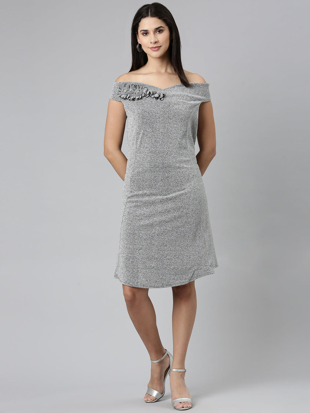 Women's Silver Off-Shoulder Casual A-Line Mini Dress