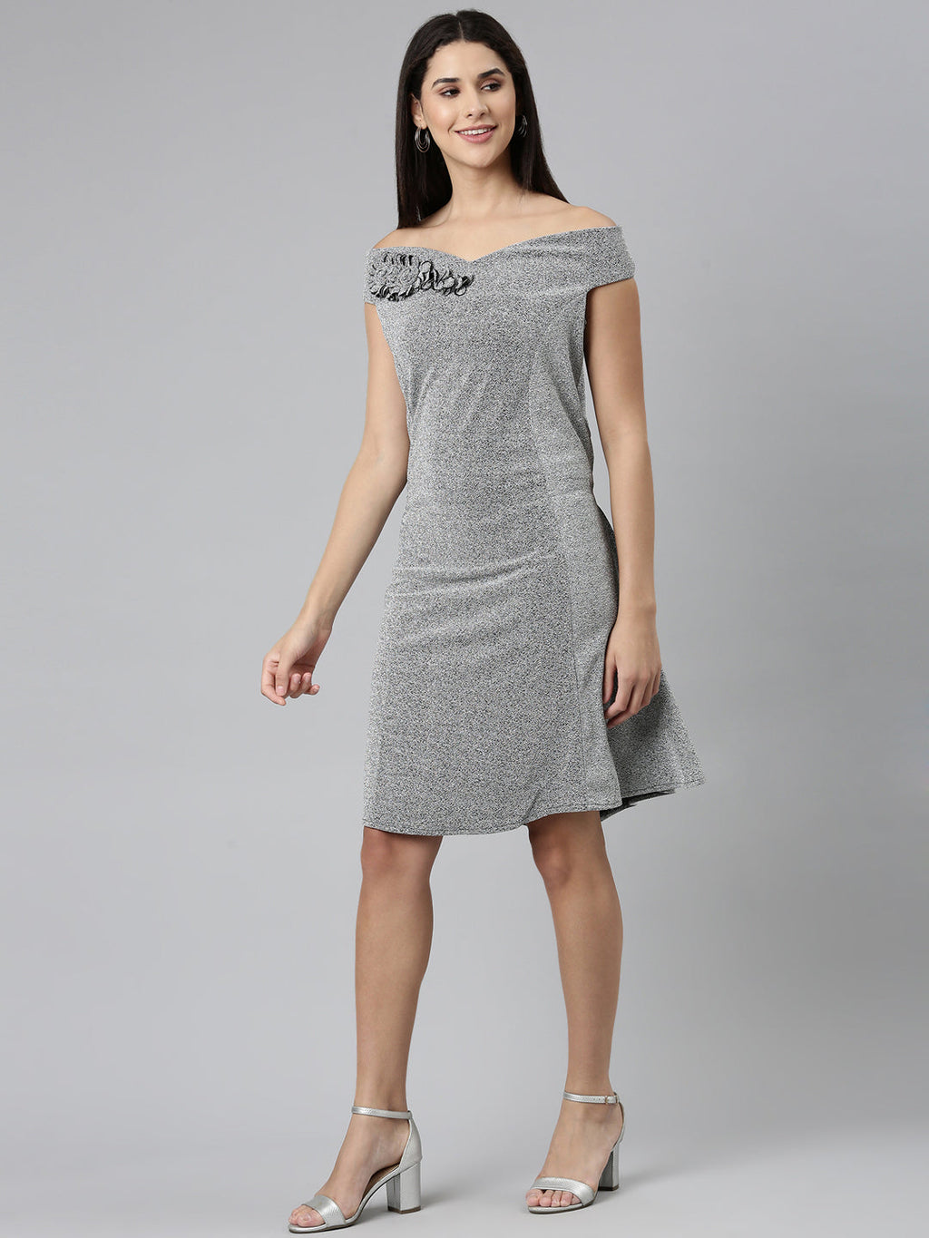 Women's Silver Off-Shoulder Casual A-Line Mini Dress