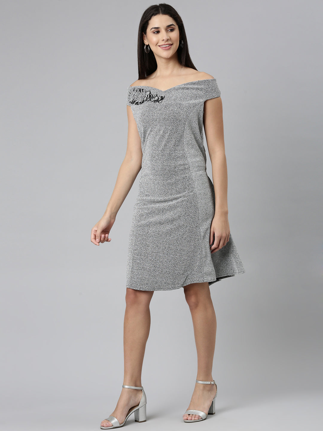 Women's Silver Off-Shoulder Casual A-Line Mini Dress