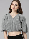 Women's Silver V-Neck Extended Sleeves Blouson Crop Top