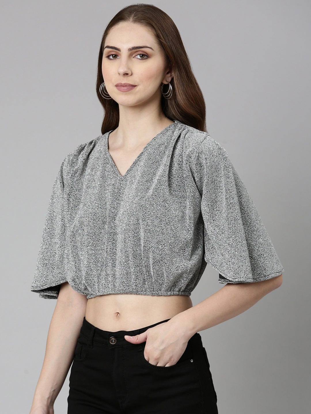 Women's Silver V-Neck Extended Sleeves Blouson Crop Top
