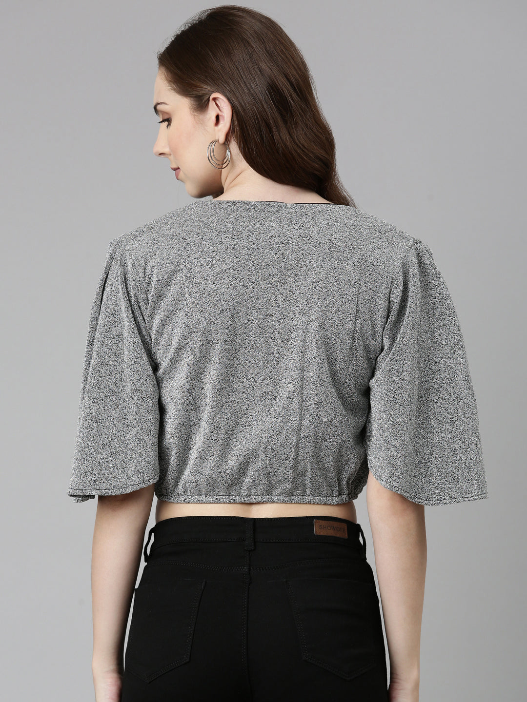Women's Silver V-Neck Extended Sleeves Blouson Crop Top