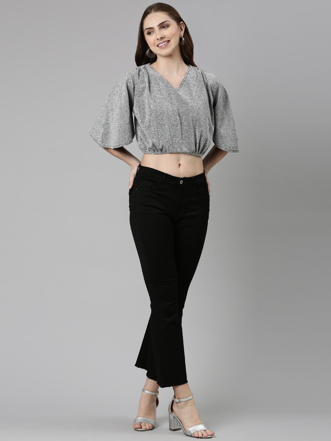 Women's Silver V-Neck Extended Sleeves Blouson Crop Top
