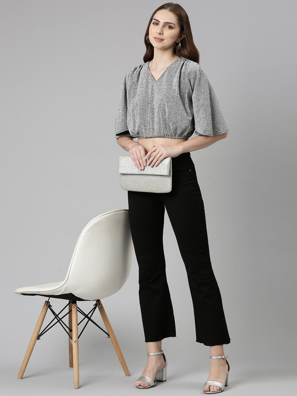 Women's Silver V-Neck Extended Sleeves Blouson Crop Top