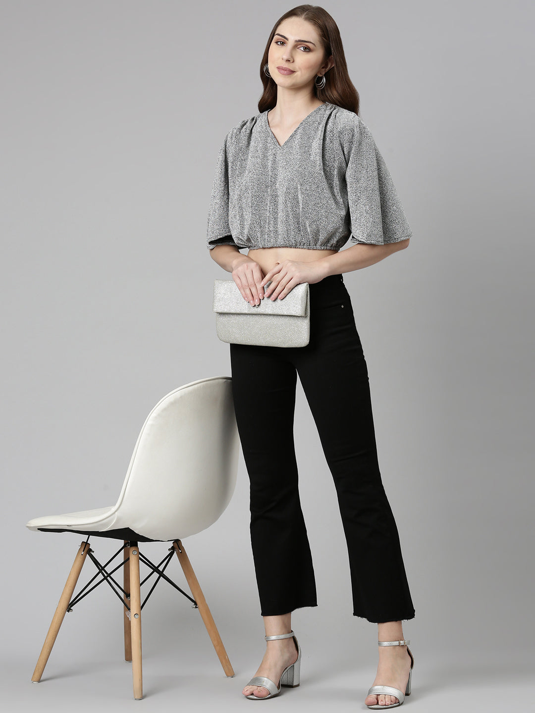 Women's Silver V-Neck Extended Sleeves Blouson Crop Top