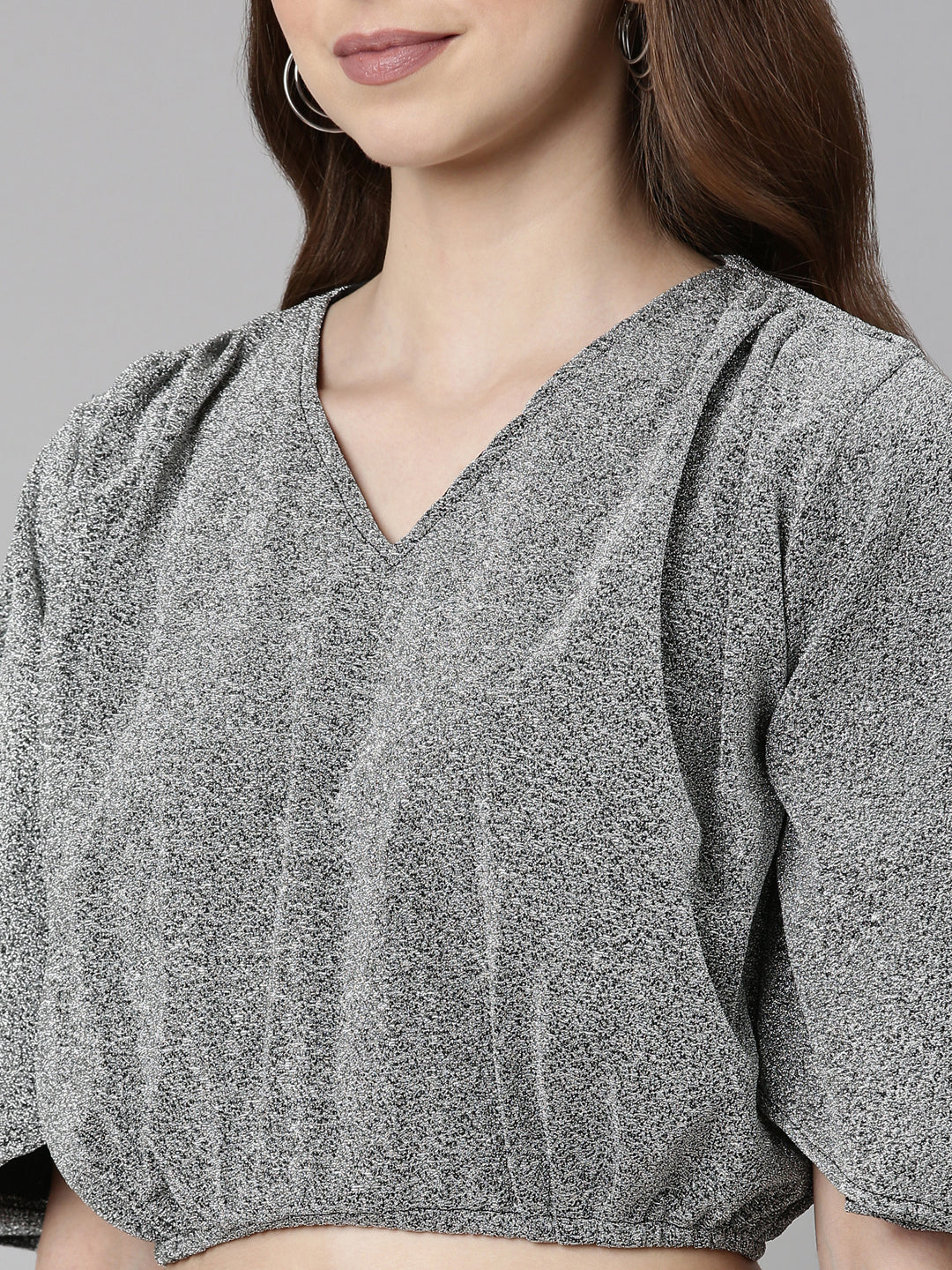 Women's Silver V-Neck Extended Sleeves Blouson Crop Top