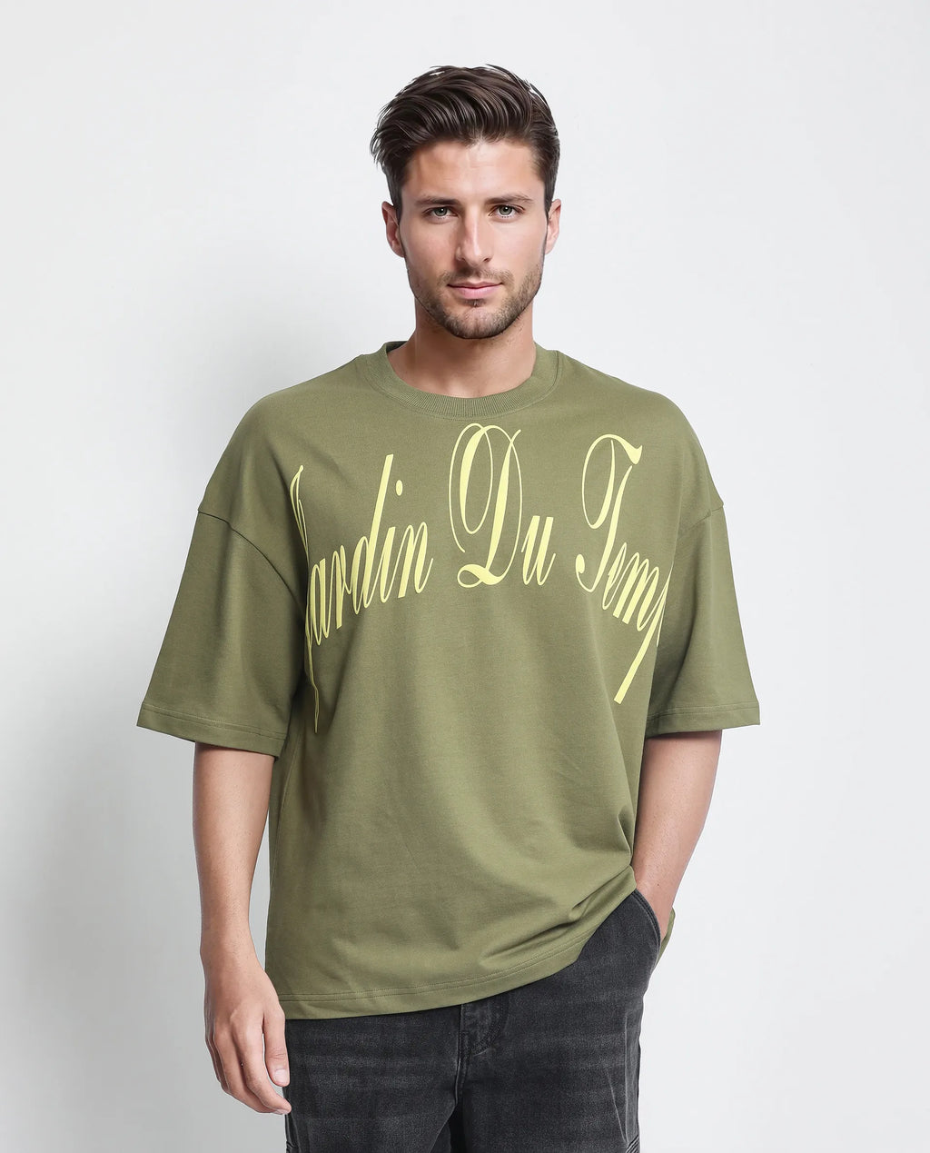 Rare Rabbit Men's Tempe Light Olive Cotton Graphic Print Oversized Fit Half Sleeve Crew Neck T-Shirt