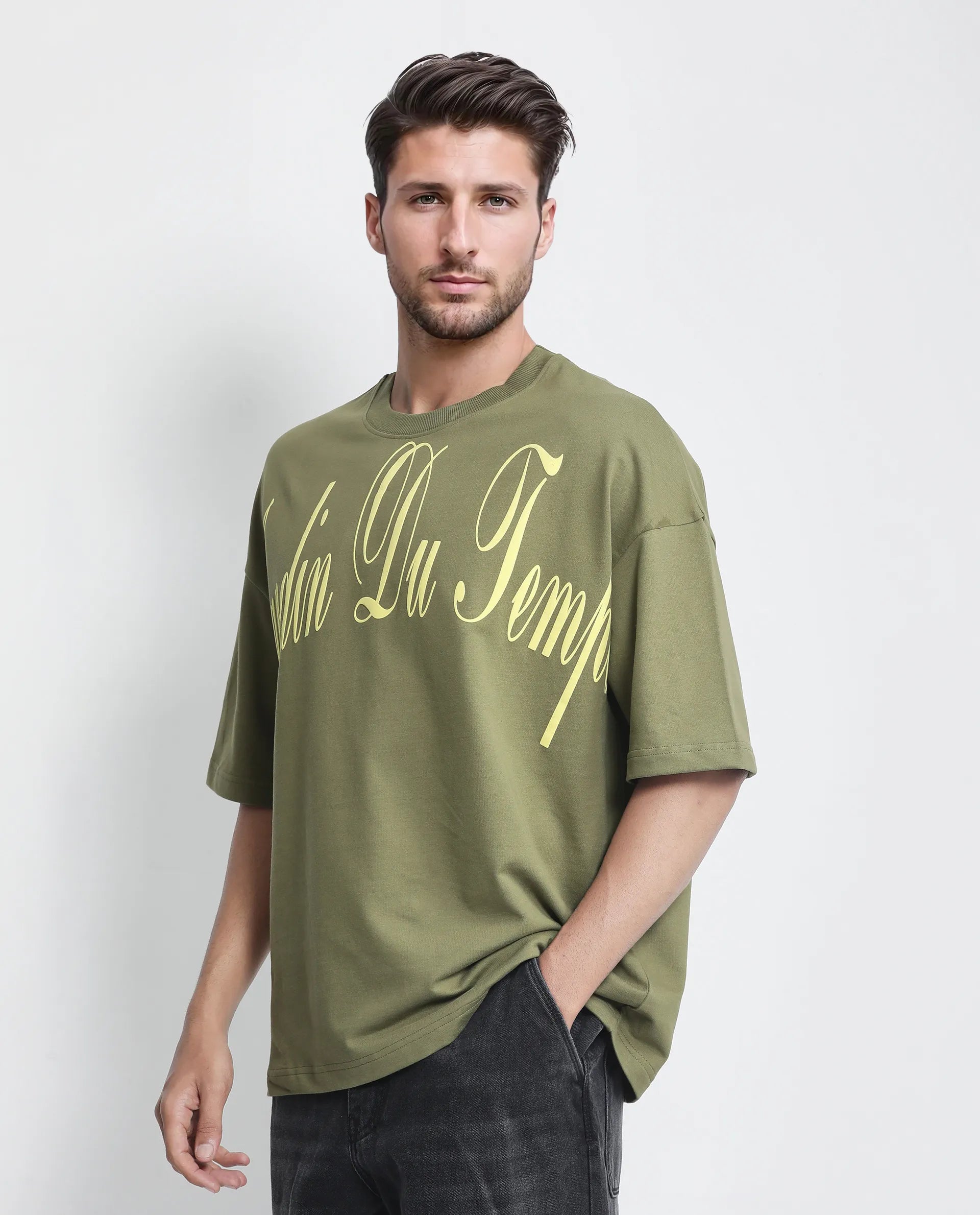 Rare Rabbit Men's Tempe Light Olive Cotton Graphic Print Oversized Fit Half Sleeve Crew Neck T-Shirt