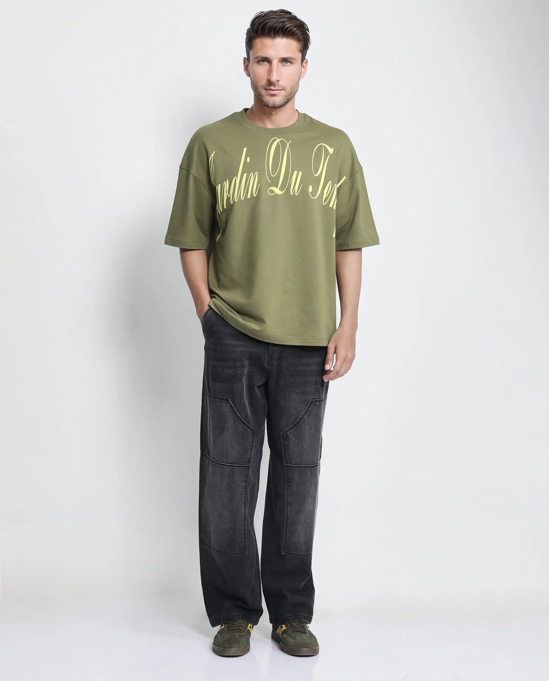 Rare Rabbit Men's Tempe Light Olive Cotton Graphic Print Oversized Fit Half Sleeve Crew Neck T-Shirt