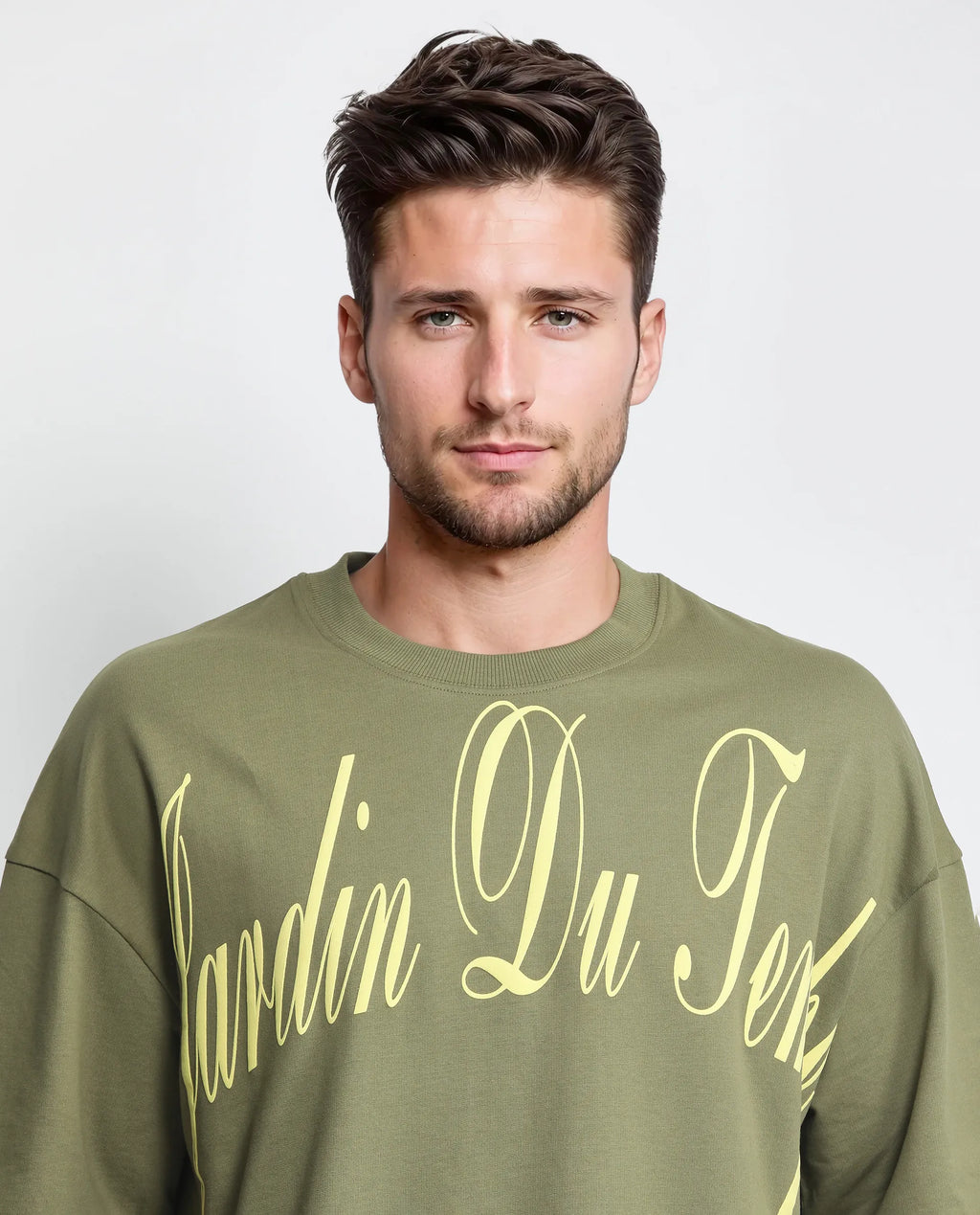 Rare Rabbit Men's Tempe Light Olive Cotton Graphic Print Oversized Fit Half Sleeve Crew Neck T-Shirt