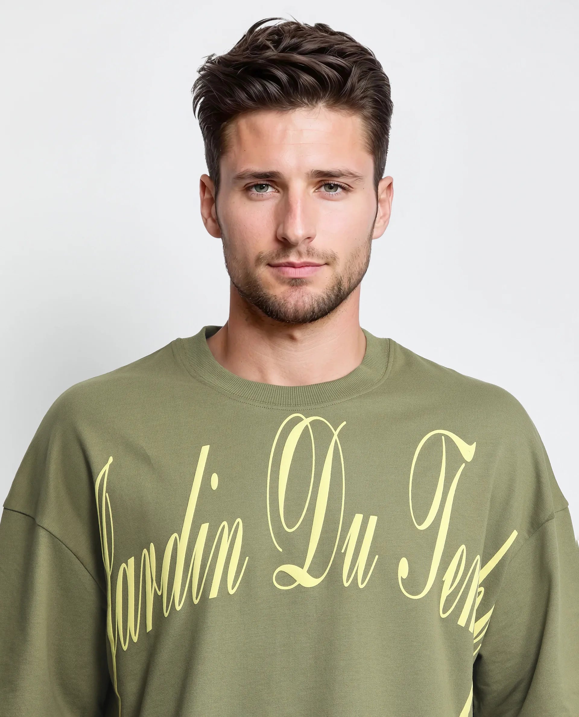 Rare Rabbit Men's Tempe Light Olive Cotton Graphic Print Oversized Fit Half Sleeve Crew Neck T-Shirt