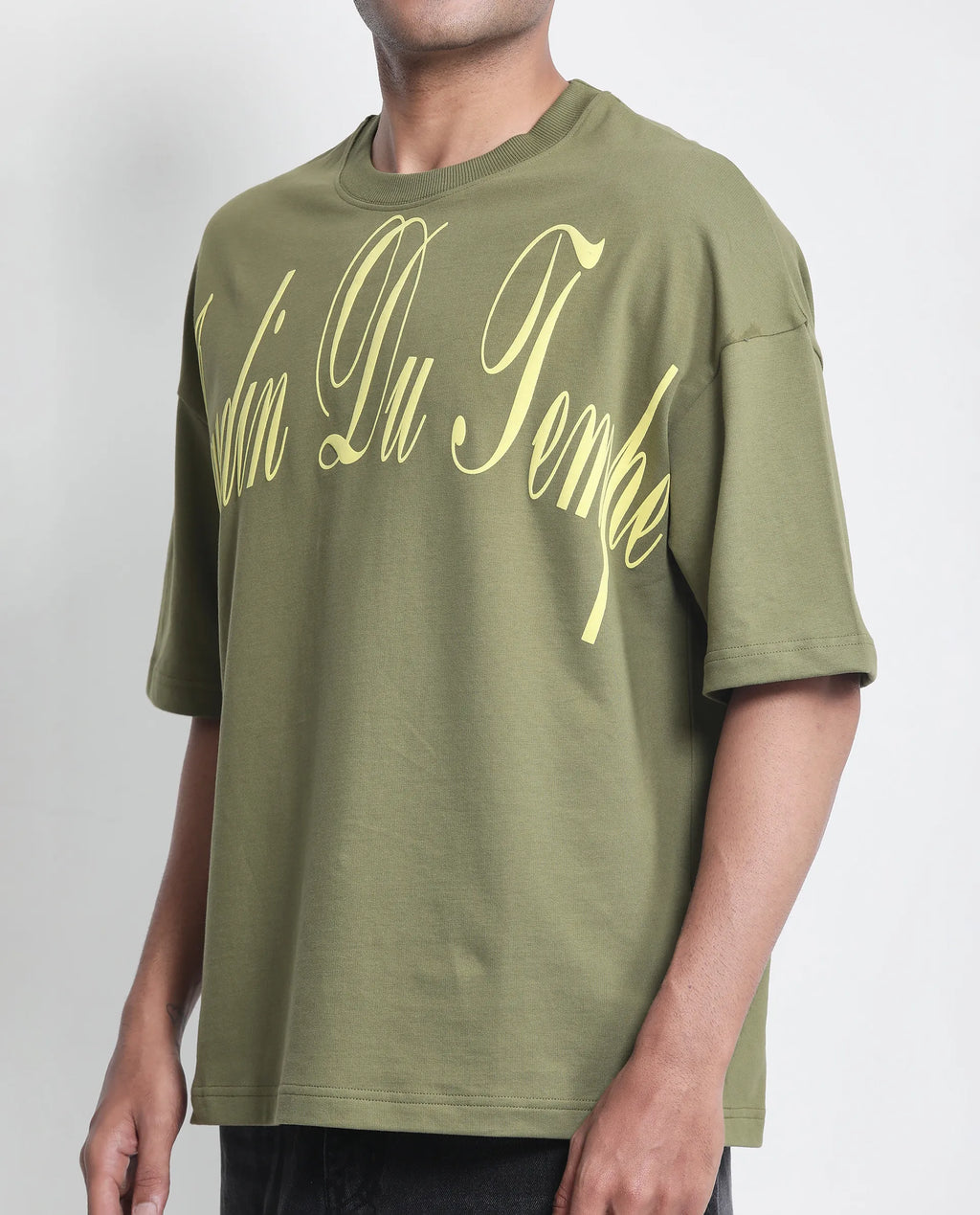 Rare Rabbit Men's Tempe Light Olive Cotton Graphic Print Oversized Fit Half Sleeve Crew Neck T-Shirt