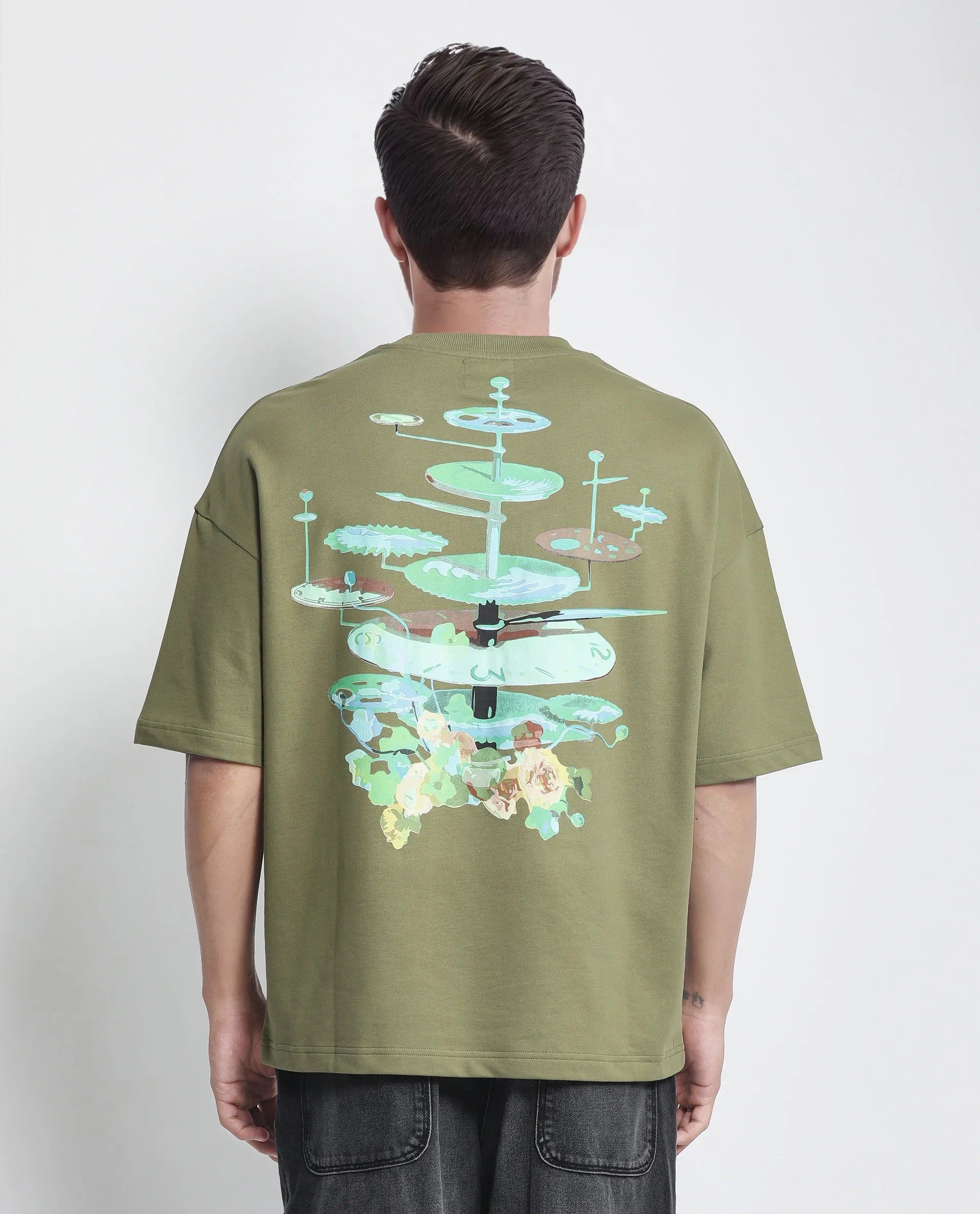 Rare Rabbit Men's Tempe Light Olive Cotton Graphic Print Oversized Fit Half Sleeve Crew Neck T-Shirt