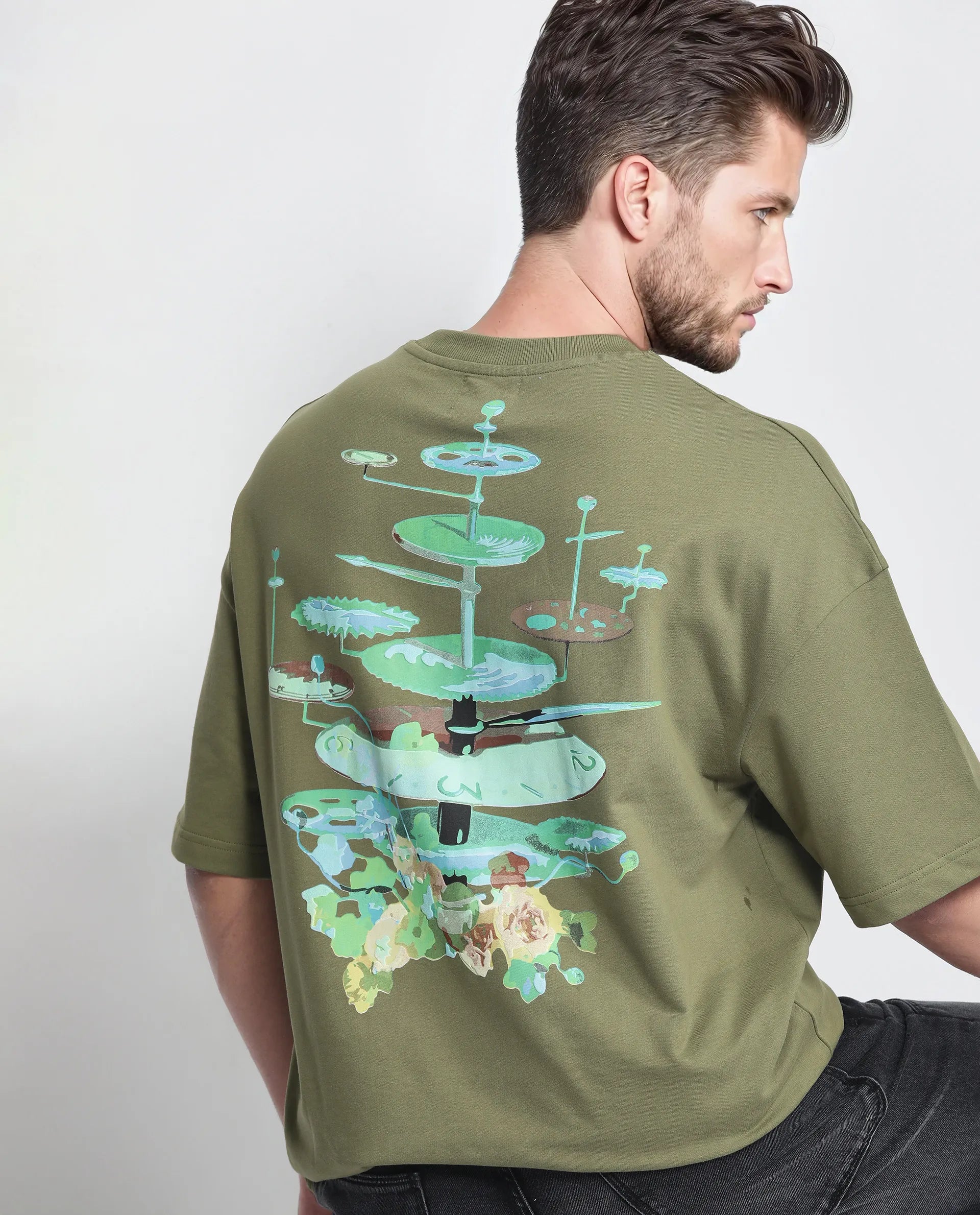 Rare Rabbit Men's Tempe Light Olive Cotton Graphic Print Oversized Fit Half Sleeve Crew Neck T-Shirt