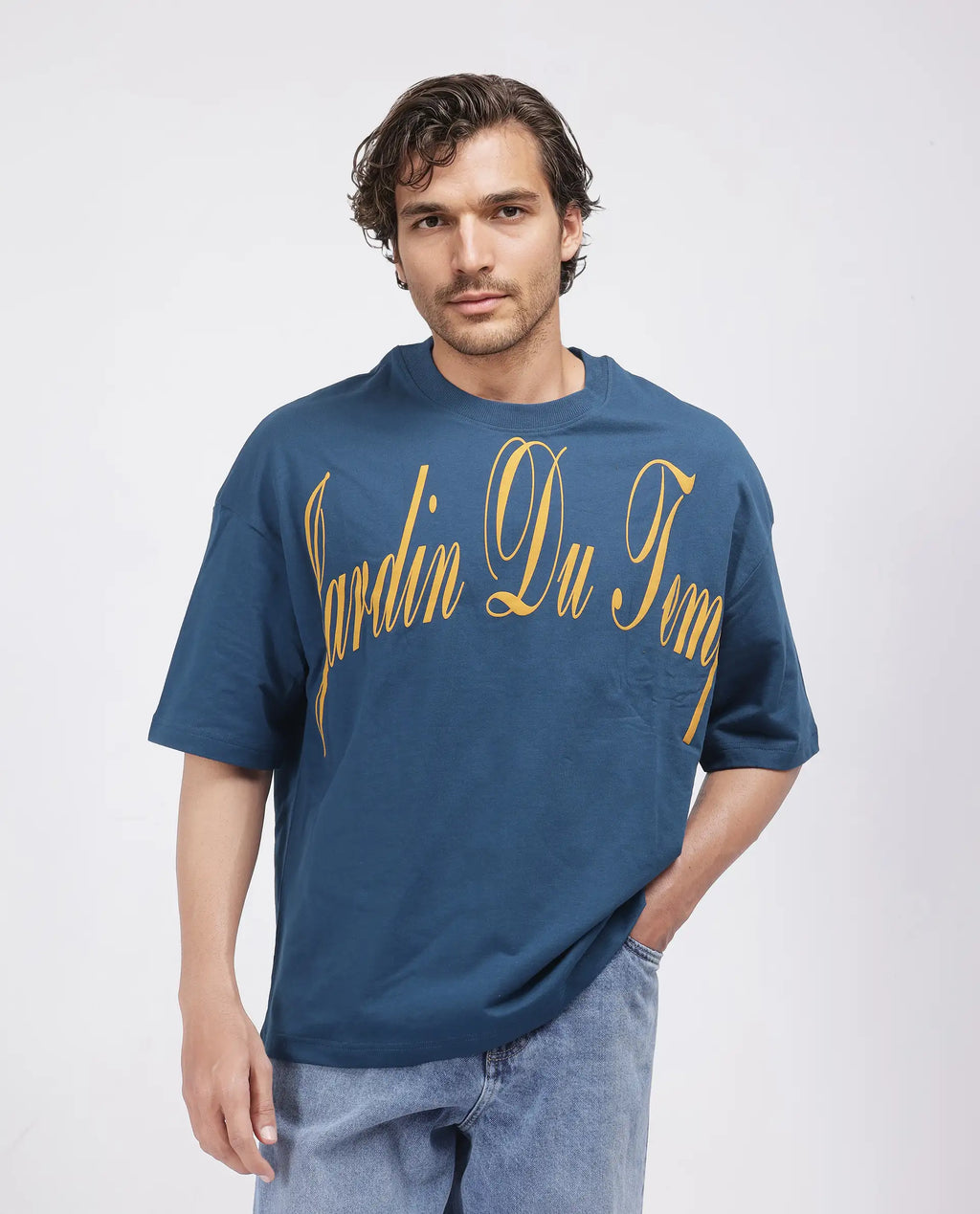 Rare Rabbit Men's Tempe Petrol Cotton Graphic Print Oversized Fit Half Sleeve Crew Neck T-Shirt