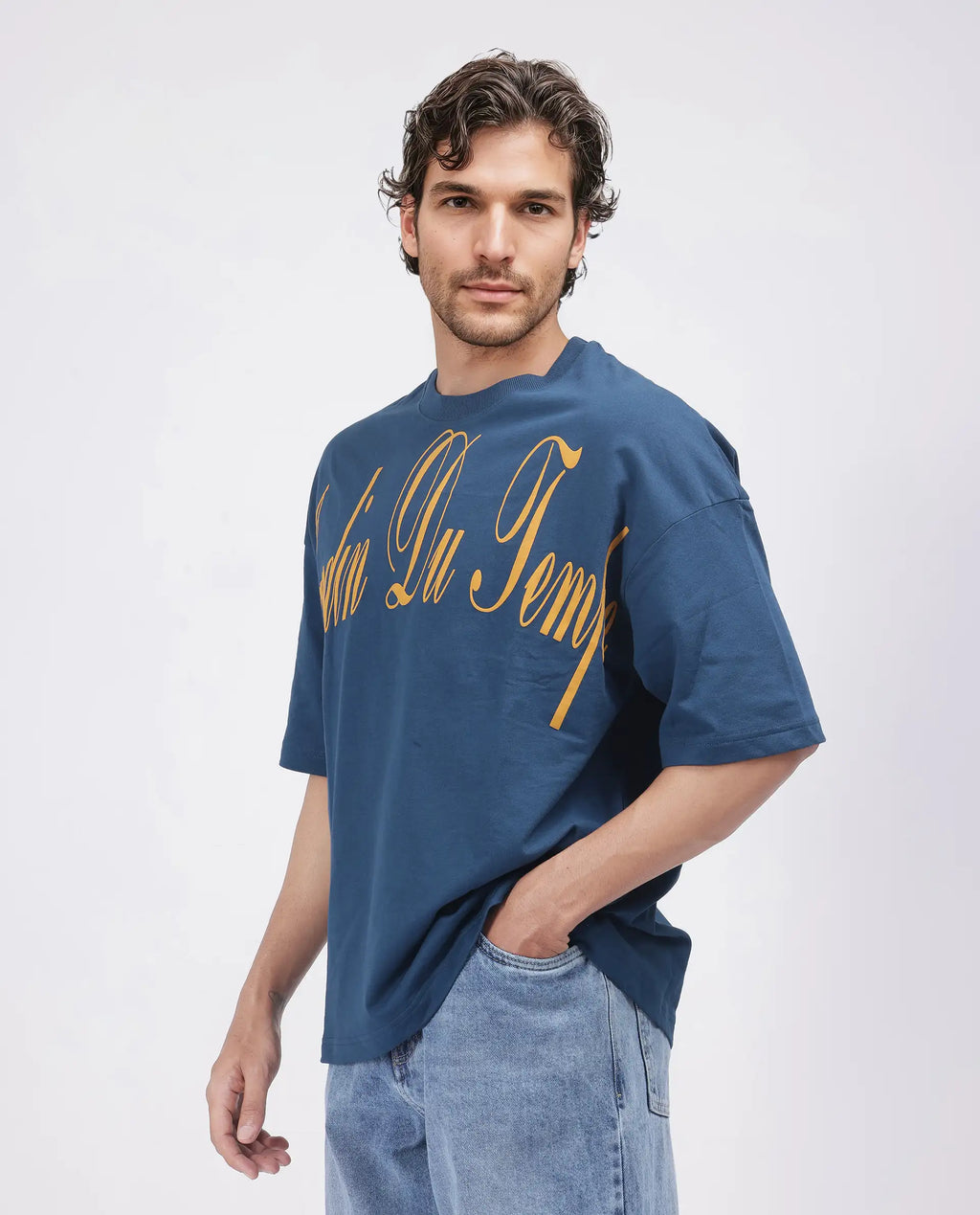 Rare Rabbit Men's Tempe Petrol Cotton Graphic Print Oversized Fit Half Sleeve Crew Neck T-Shirt