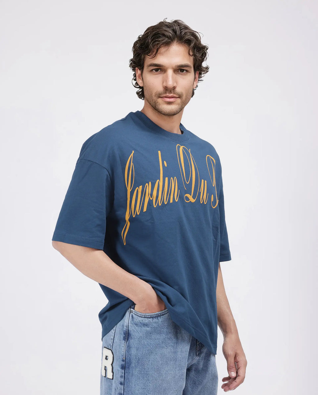 Rare Rabbit Men's Tempe Petrol Cotton Graphic Print Oversized Fit Half Sleeve Crew Neck T-Shirt