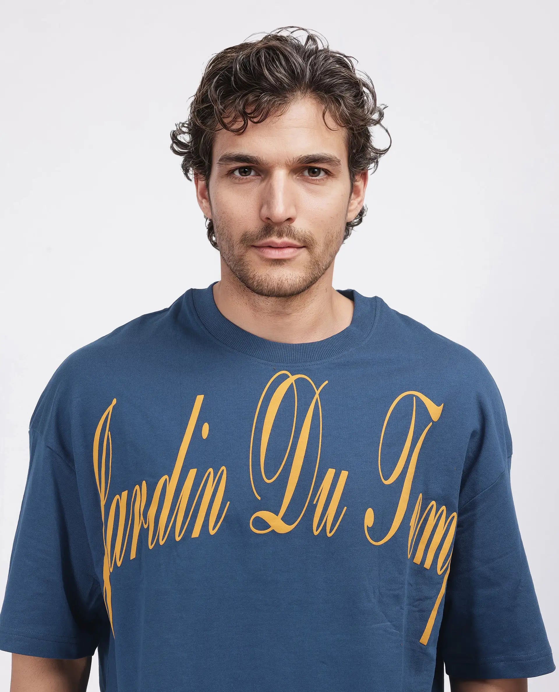 Rare Rabbit Men's Tempe Petrol Cotton Graphic Print Oversized Fit Half Sleeve Crew Neck T-Shirt