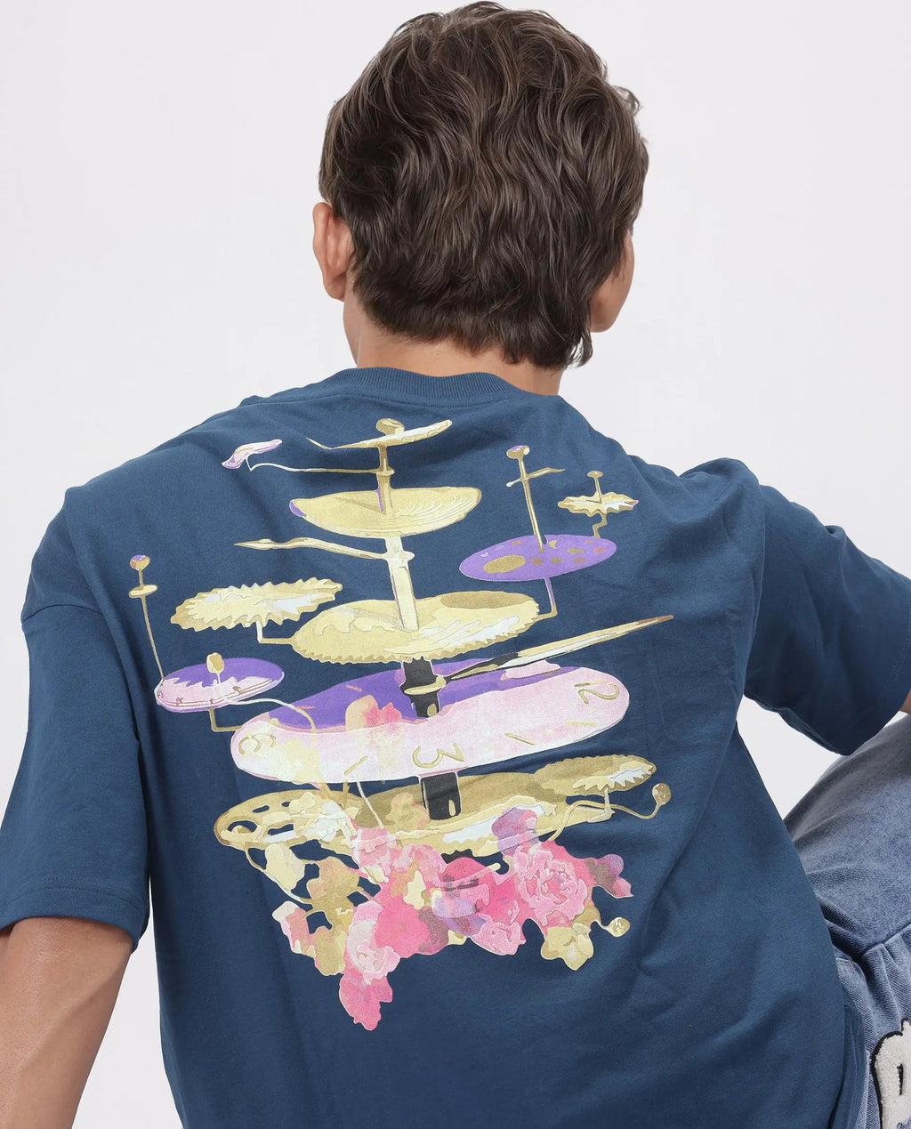 Rare Rabbit Men's Tempe Petrol Cotton Graphic Print Oversized Fit Half Sleeve Crew Neck T-Shirt
