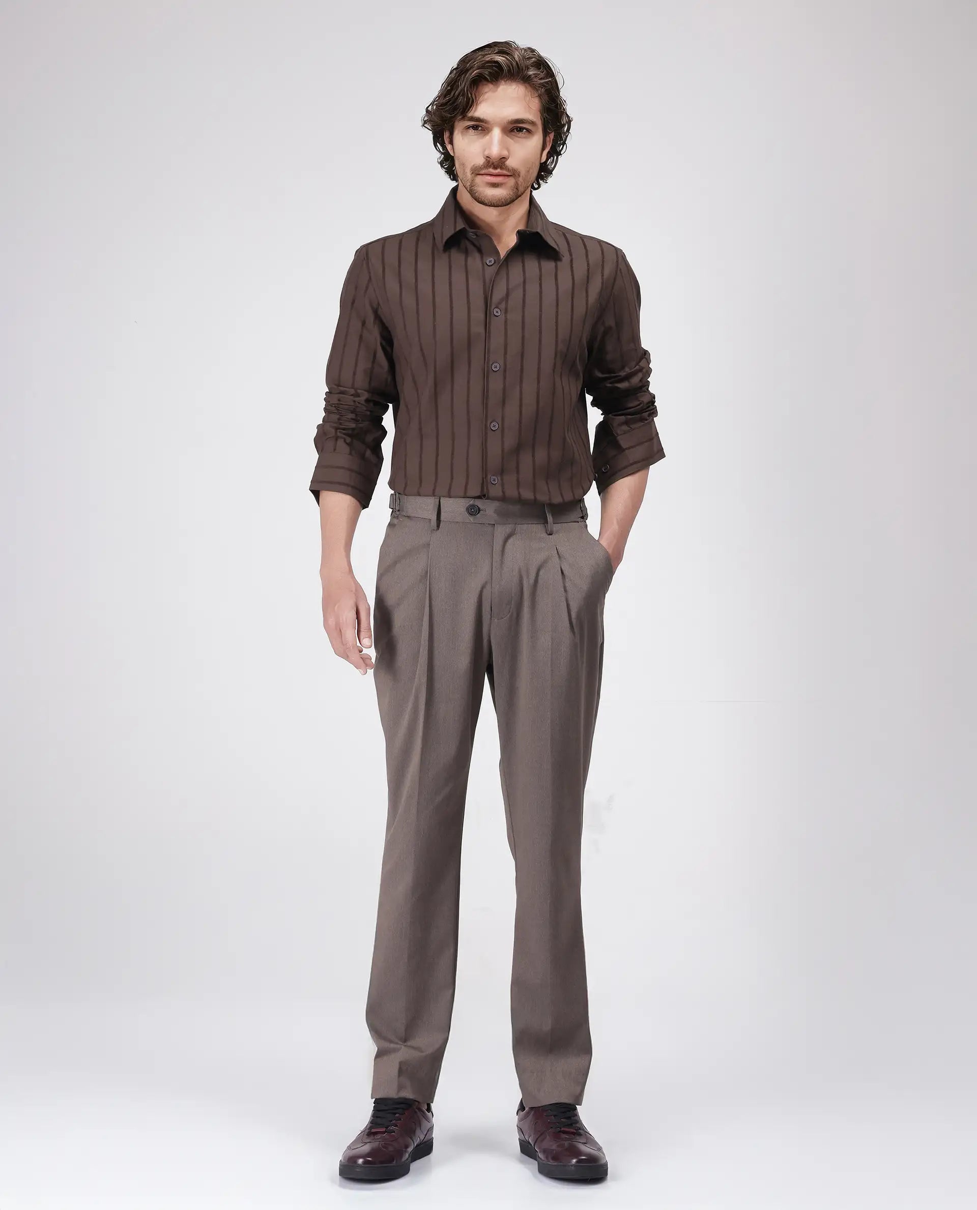 Rare Rabbit Men's Tener Dark Brown Cotton Striped Print Relaxed Fit Full Sleeve Collared Shirt