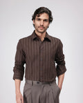 Rare Rabbit Men's Tener Dark Brown Cotton Striped Print Relaxed Fit Full Sleeve Collared Shirt