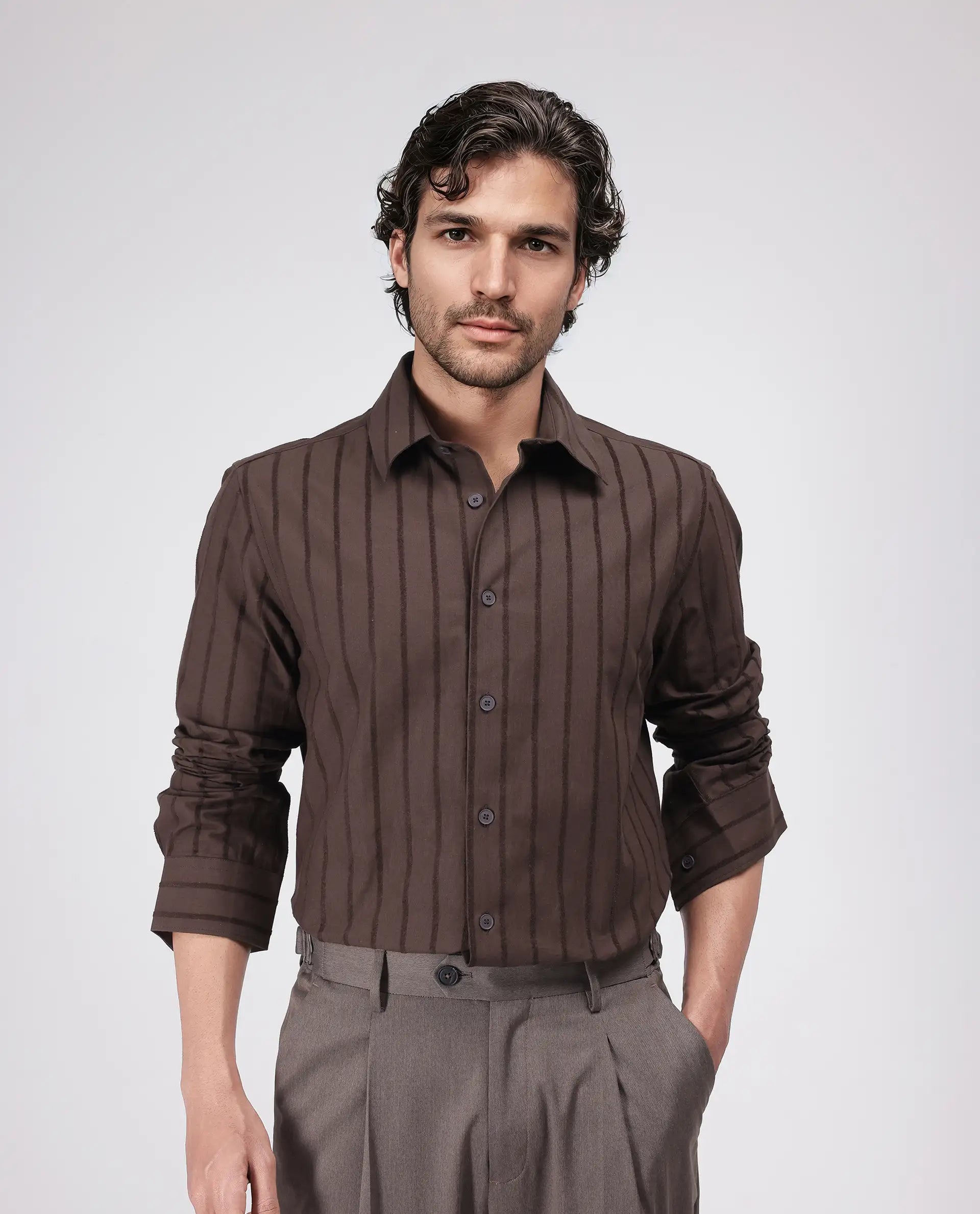 Rare Rabbit Men's Tener Dark Brown Cotton Striped Print Relaxed Fit Full Sleeve Collared Shirt