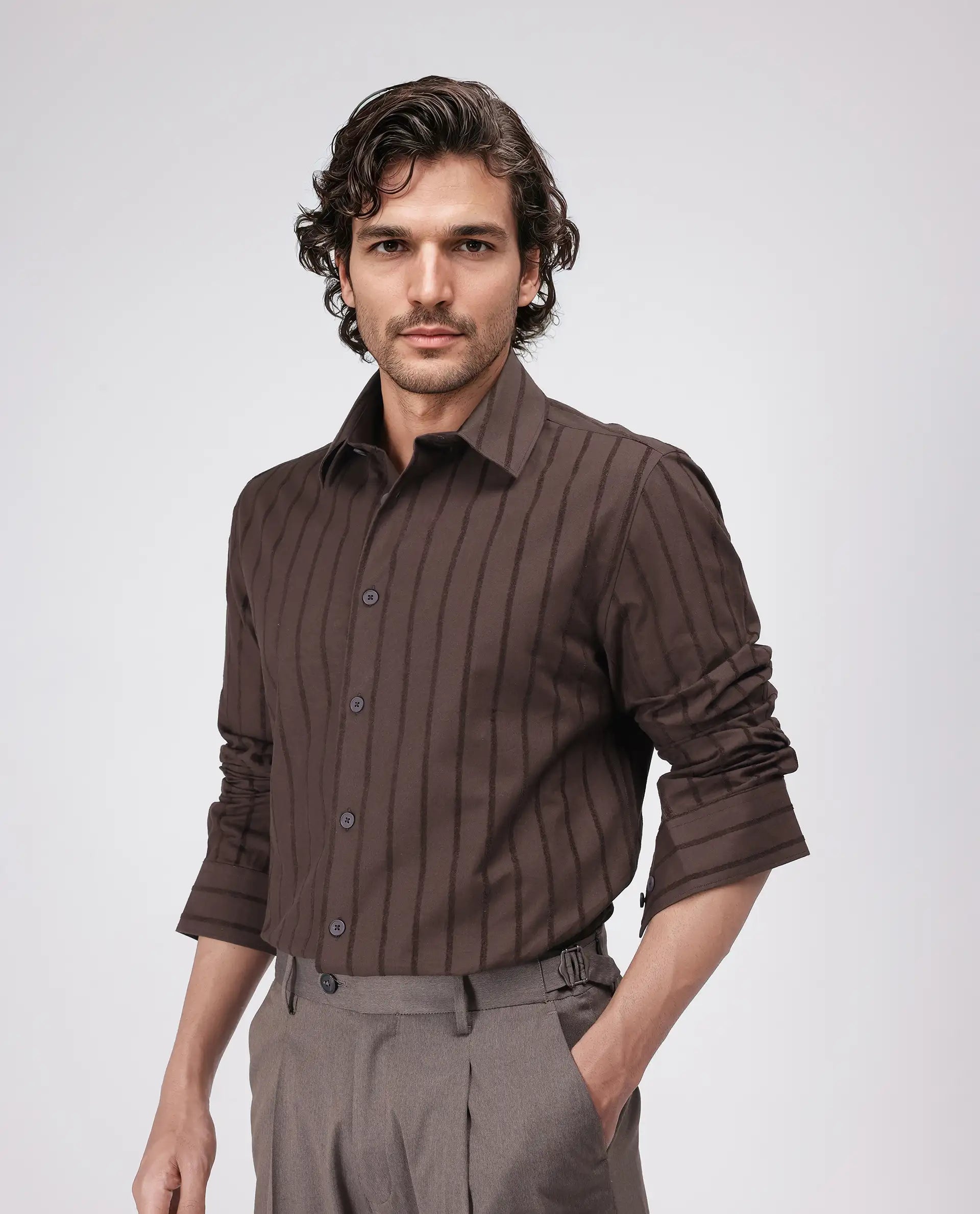 Rare Rabbit Men's Tener Dark Brown Cotton Striped Print Relaxed Fit Full Sleeve Collared Shirt