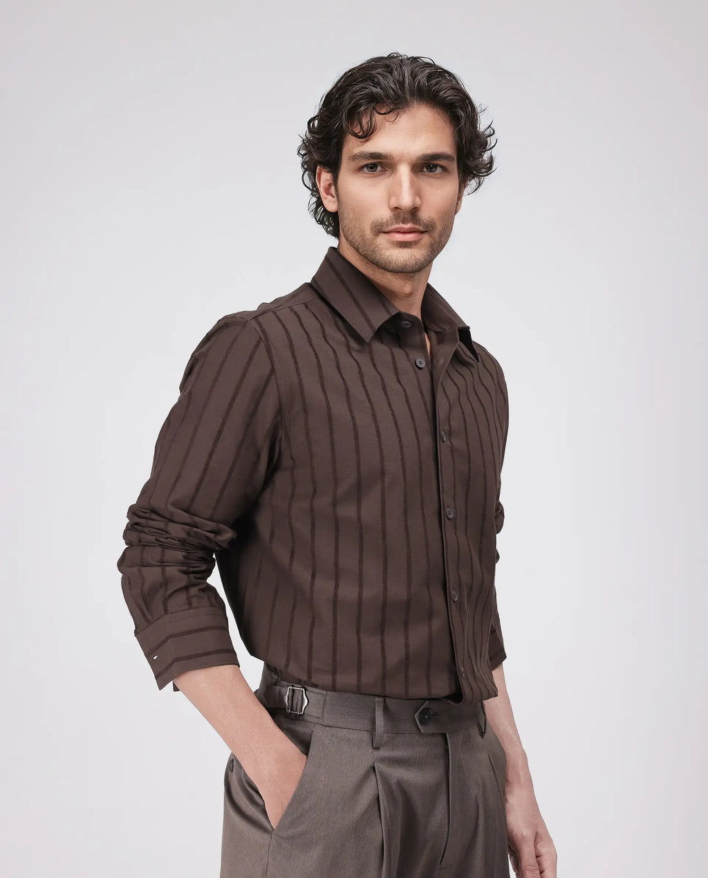 Rare Rabbit Men's Tener Dark Brown Cotton Striped Print Relaxed Fit Full Sleeve Collared Shirt