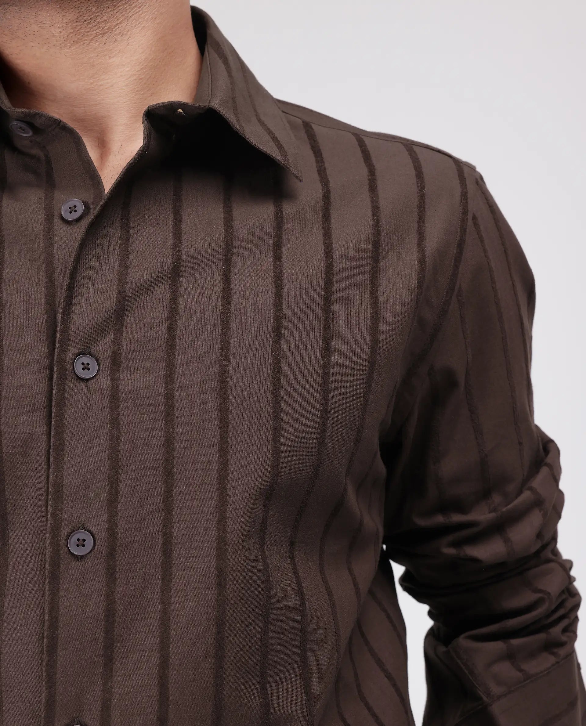 Rare Rabbit Men's Tener Dark Brown Cotton Striped Print Relaxed Fit Full Sleeve Collared Shirt
