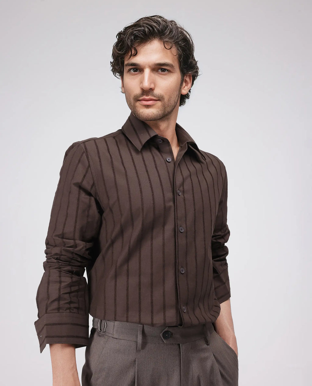 Rare Rabbit Men's Tener Dark Brown Cotton Striped Print Relaxed Fit Full Sleeve Collared Shirt