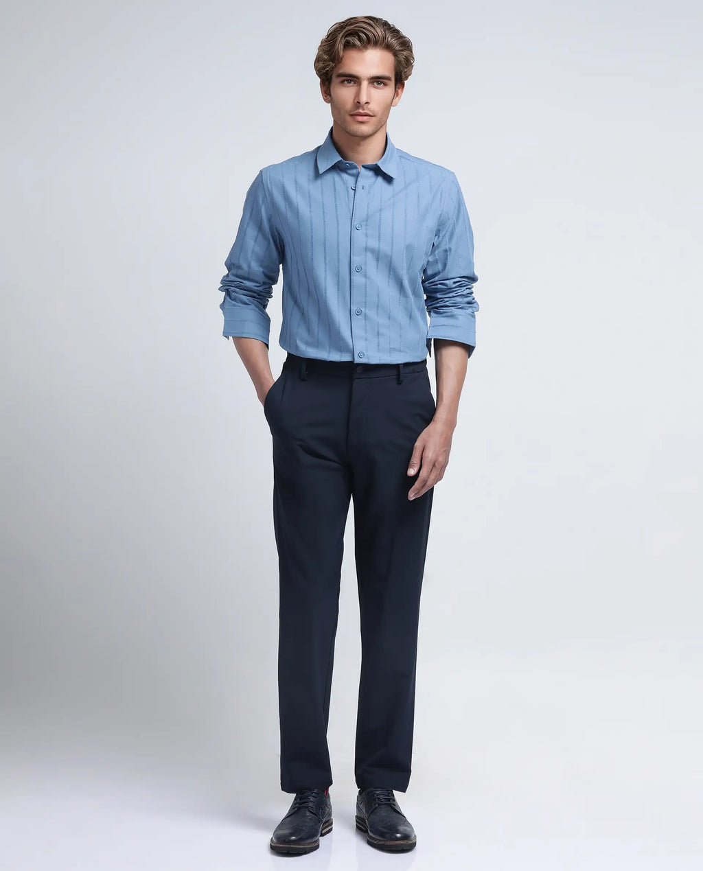 Rare Rabbit Men's Tener Dusky Blue Cotton Striped Print Relaxed Fit Full Sleeve Collared Shirt