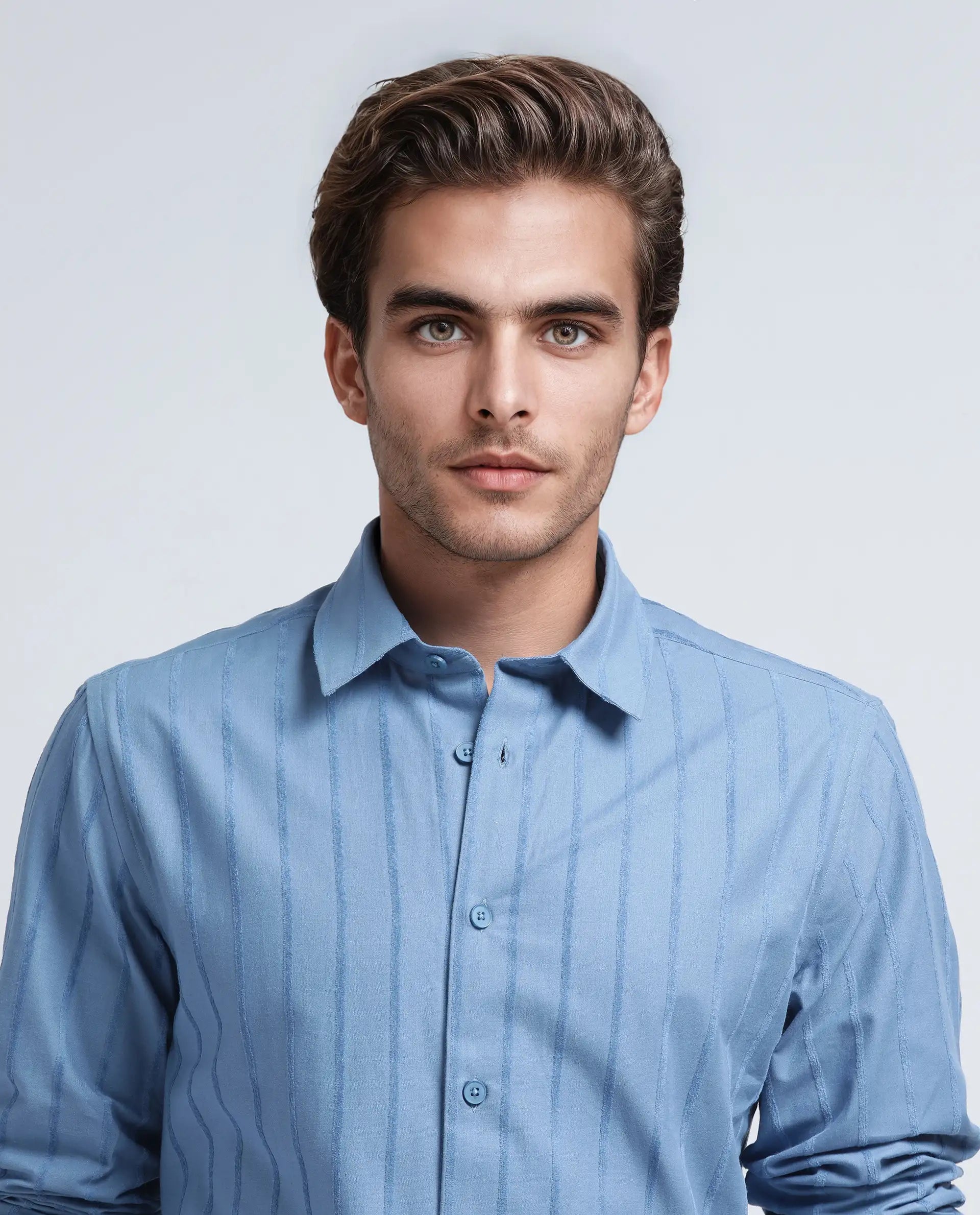 Rare Rabbit Men's Tener Dusky Blue Cotton Striped Print Relaxed Fit Full Sleeve Collared Shirt