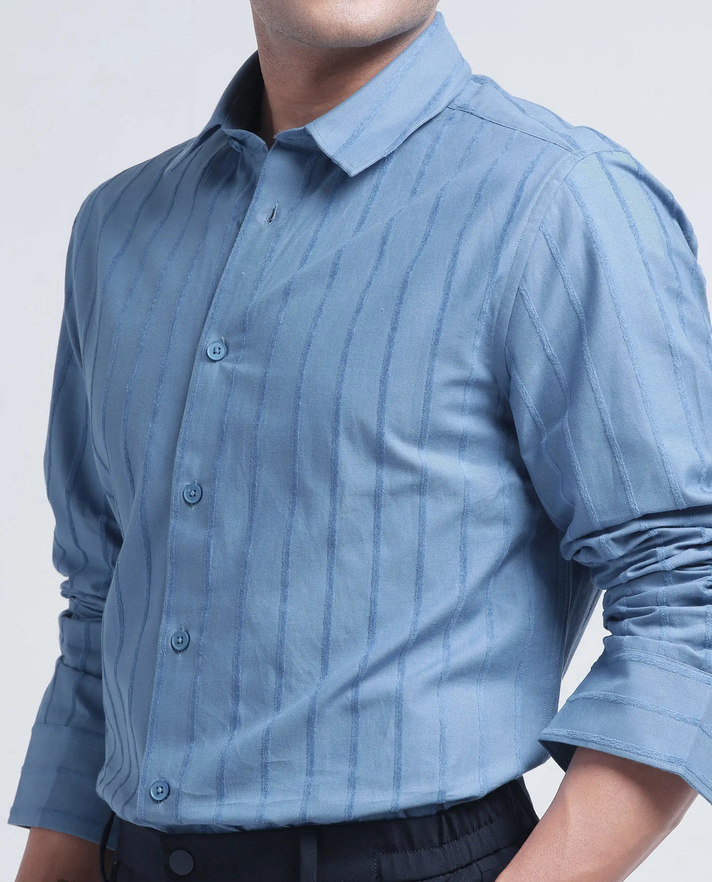 Rare Rabbit Men's Tener Dusky Blue Cotton Striped Print Relaxed Fit Full Sleeve Collared Shirt