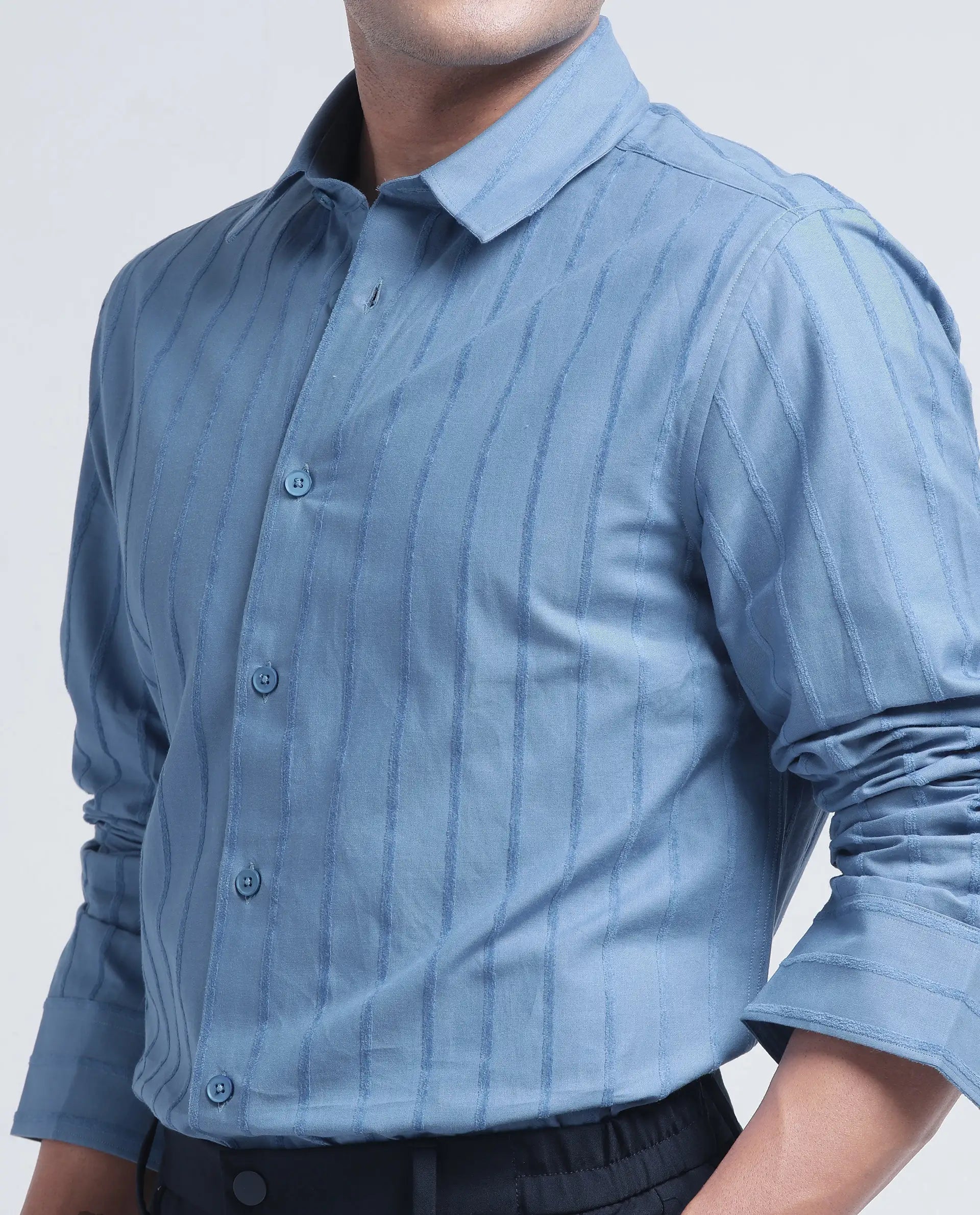 Rare Rabbit Men's Tener Dusky Blue Cotton Striped Print Relaxed Fit Full Sleeve Collared Shirt