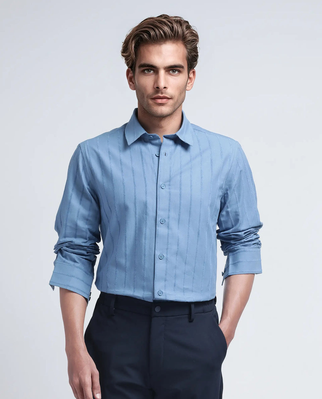 Rare Rabbit Men's Tener Dusky Blue Cotton Striped Print Relaxed Fit Full Sleeve Collared Shirt