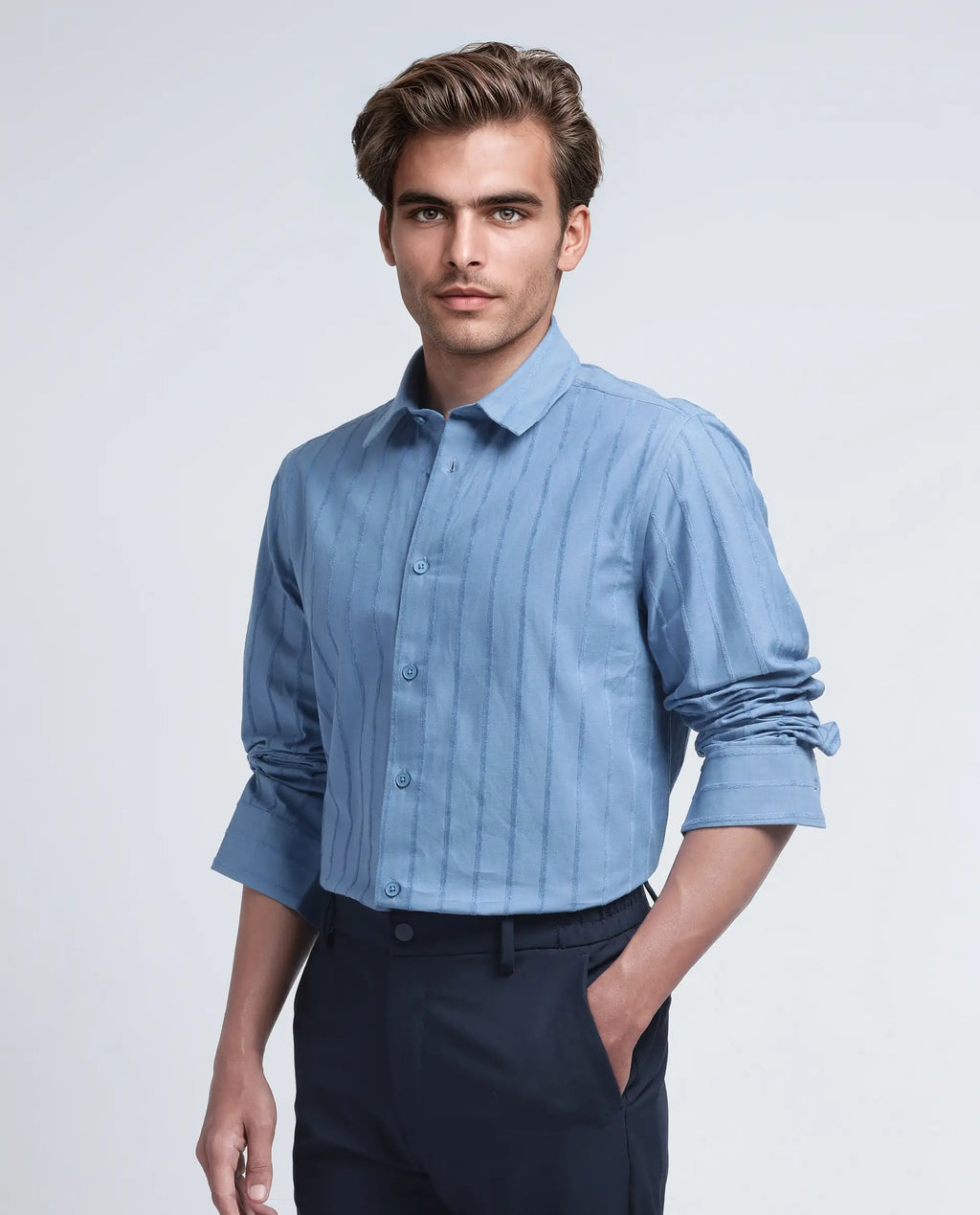 Rare Rabbit Men's Tener Dusky Blue Cotton Striped Print Relaxed Fit Full Sleeve Collared Shirt