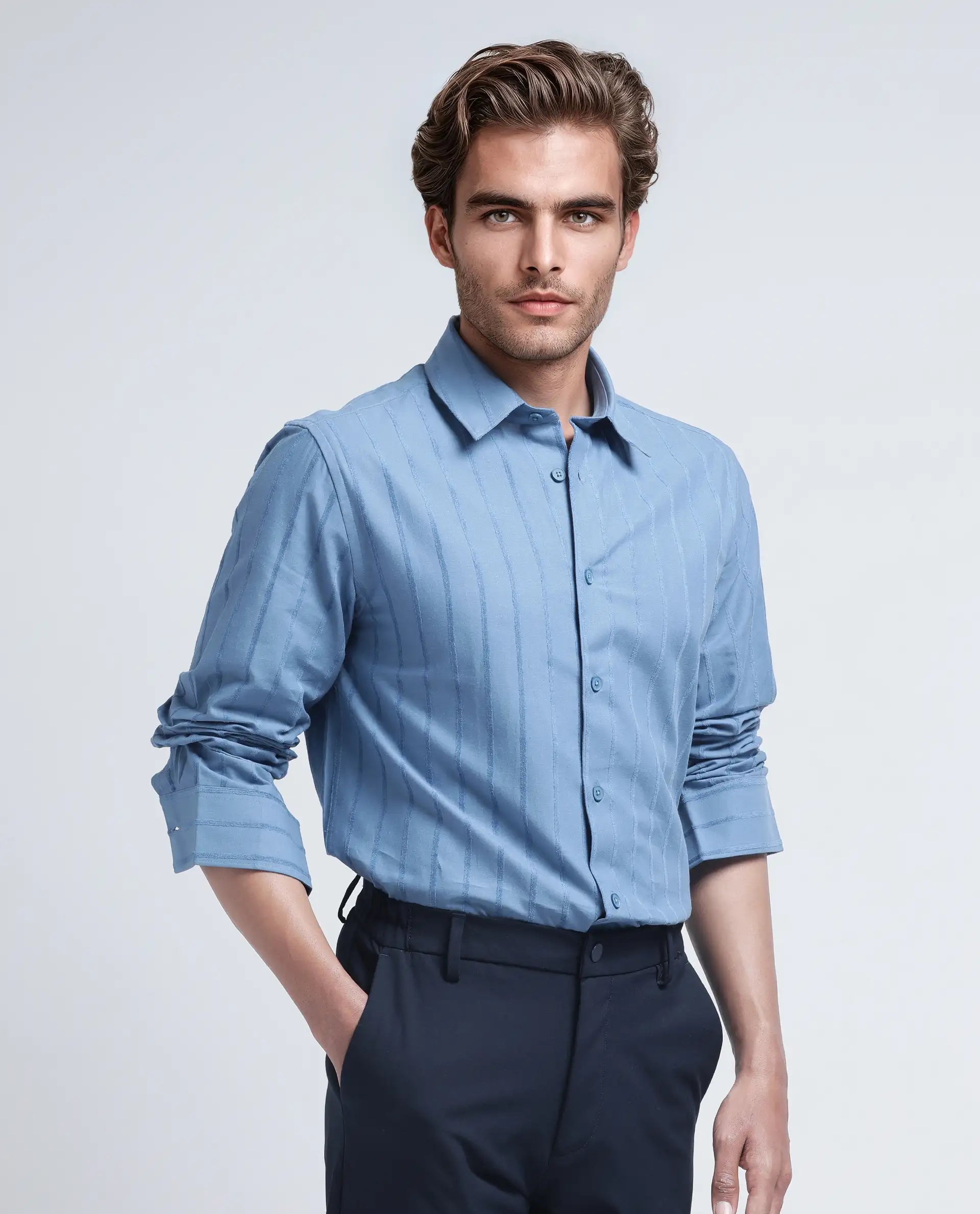Rare Rabbit Men's Tener Dusky Blue Cotton Striped Print Relaxed Fit Full Sleeve Collared Shirt