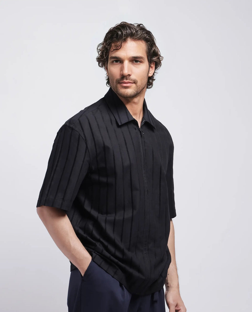 Rare Rabbit Men's Tenerz Black Cotton Striped Print Boxy Fit Half Sleeve Collared Shirt