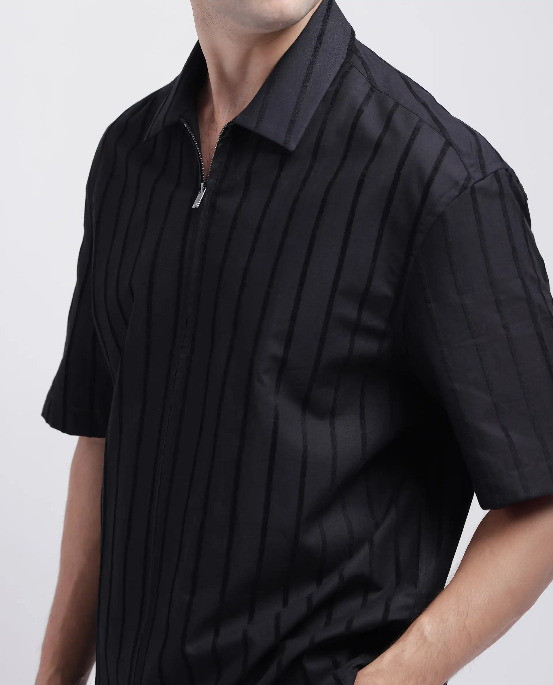 Rare Rabbit Men's Tenerz Black Cotton Striped Print Boxy Fit Half Sleeve Collared Shirt