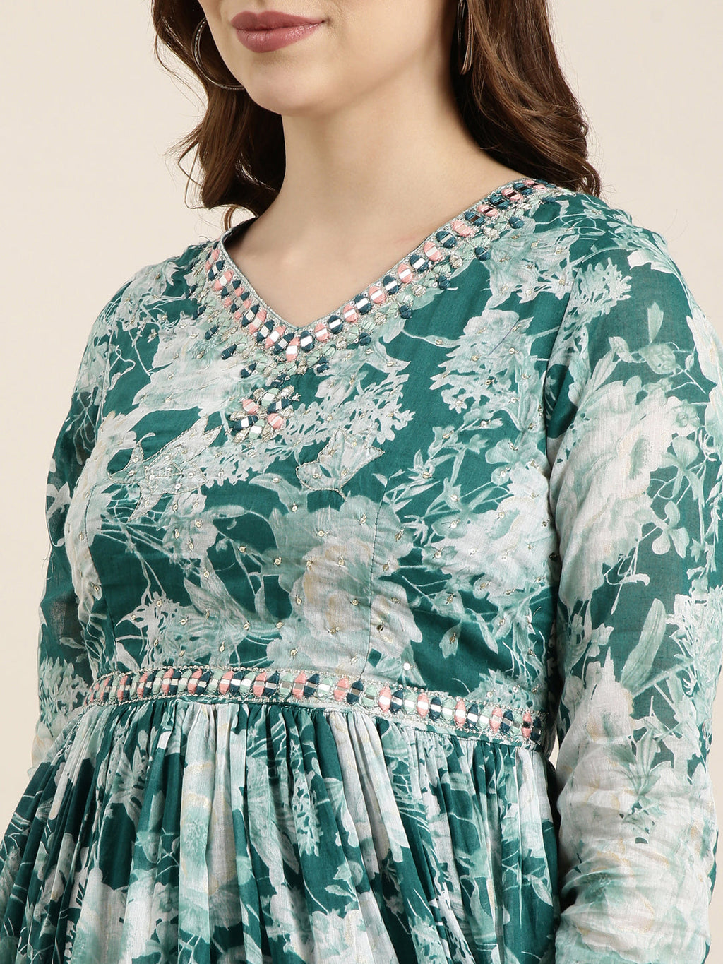 Women's Anarkali Teal Floral Kurta Sets with Dupatta