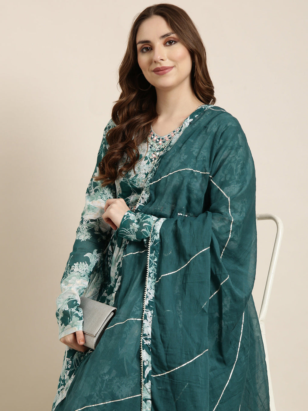 Women's Anarkali Teal Floral Kurta Sets with Dupatta