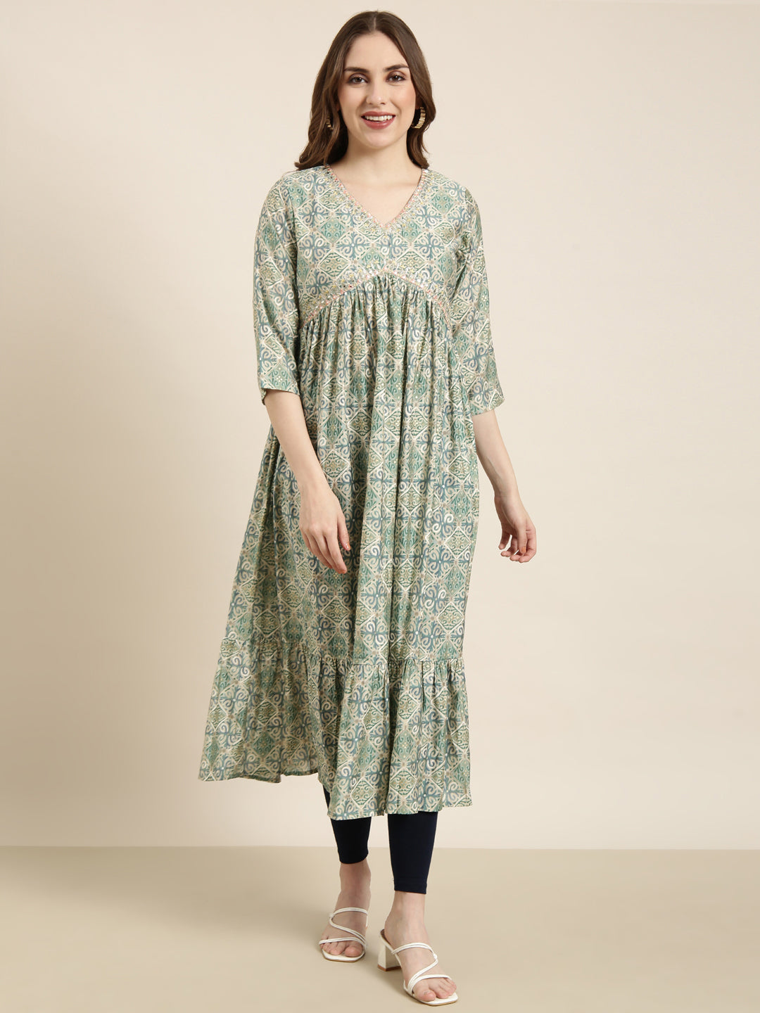 Women's Anarkali Sea Green Ethnic Motifs Kurta