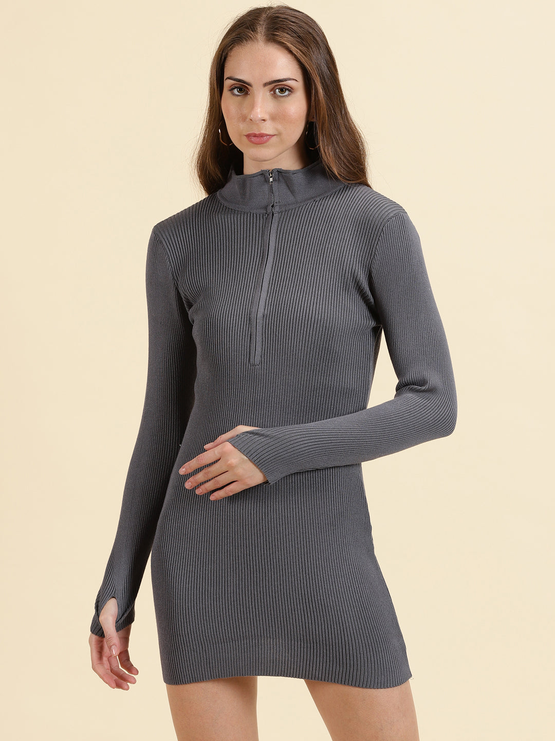 Women's Grey High Neck Bodycon Cotton Dresses