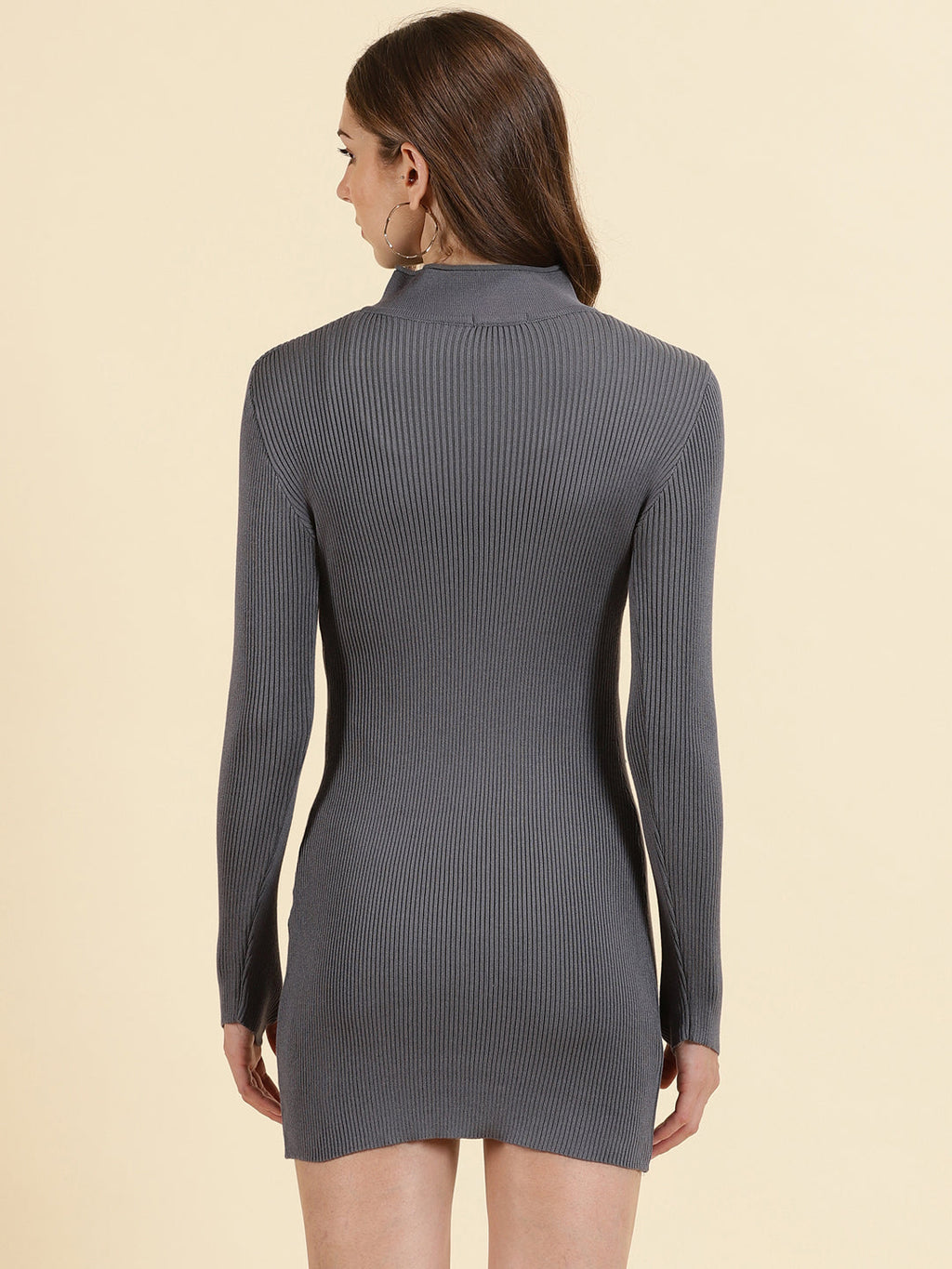 Women's Grey High Neck Bodycon Cotton Dresses
