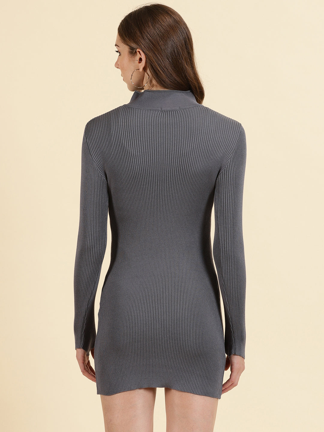 Women's Grey High Neck Bodycon Cotton Dresses