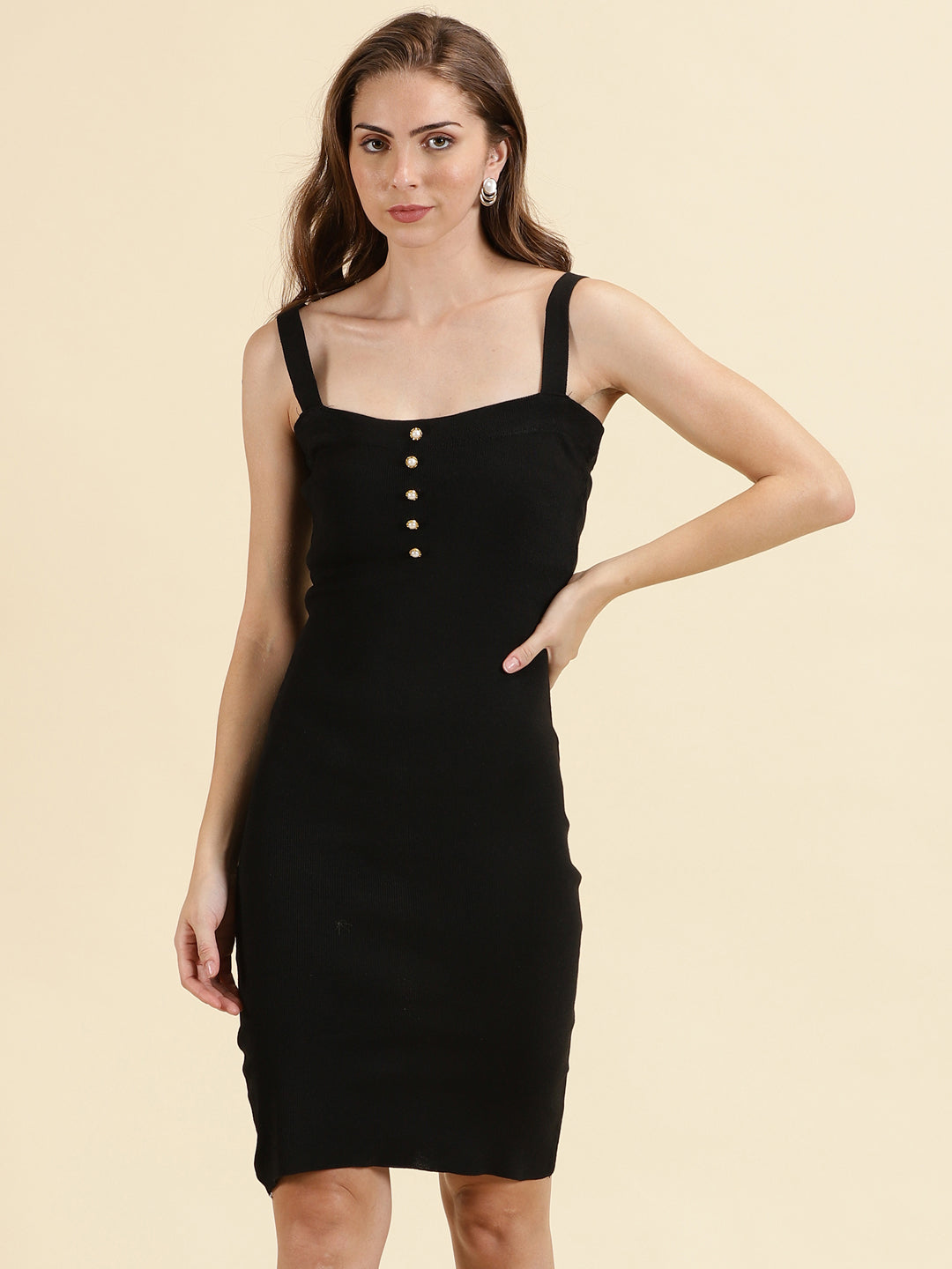 Women's Black Shoulder Straps Bodycon Dress