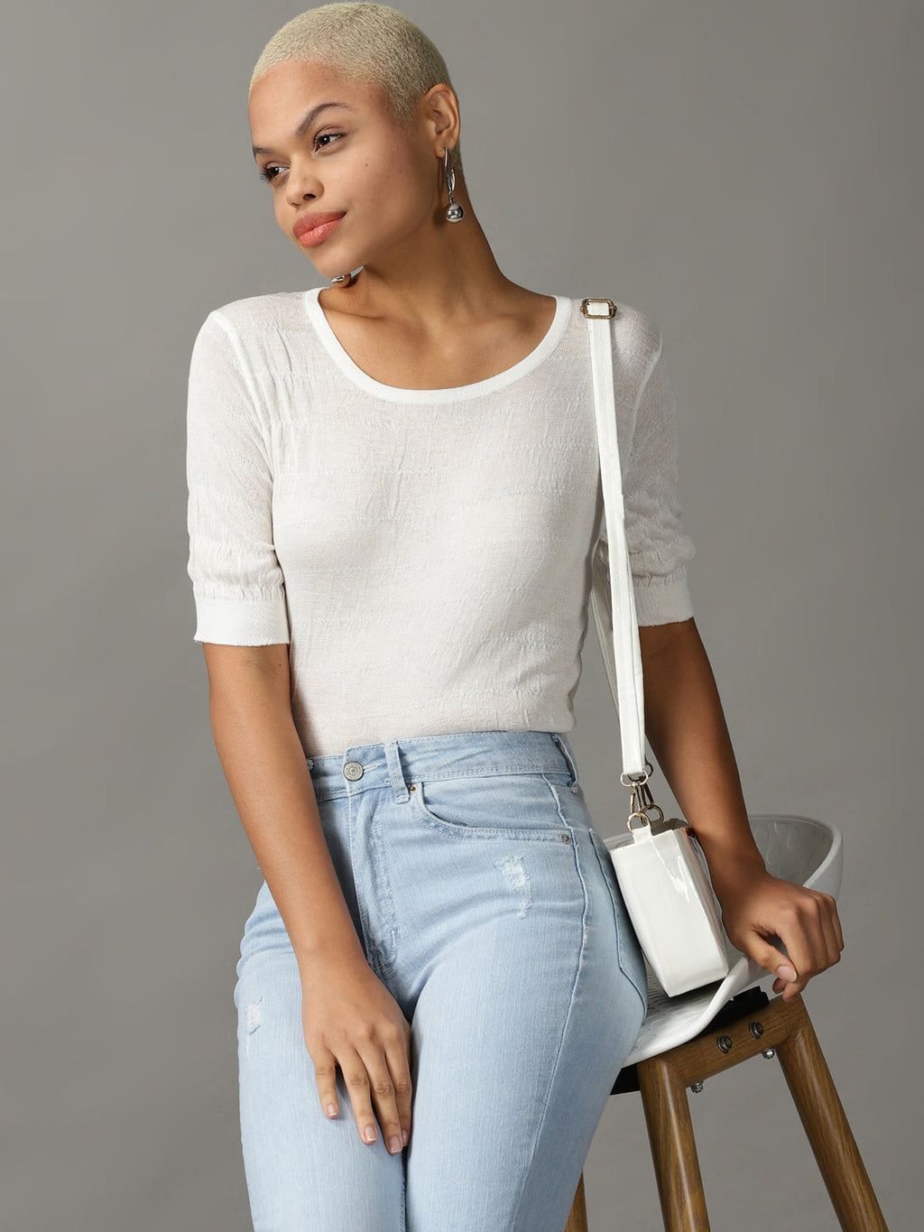 Women's White Solid Fitted Top